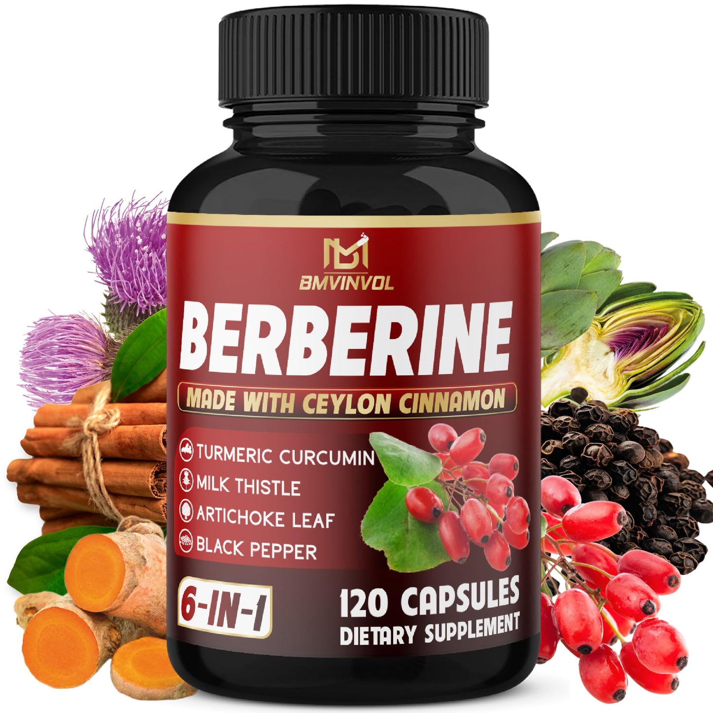 Berberine, Ceylon Cinnamon, Turmeric, Milk Thistle, Artichoke, Black Pepper - 120 Capsules for Digestion, Immunity [4-Month Supply] - Medaid International