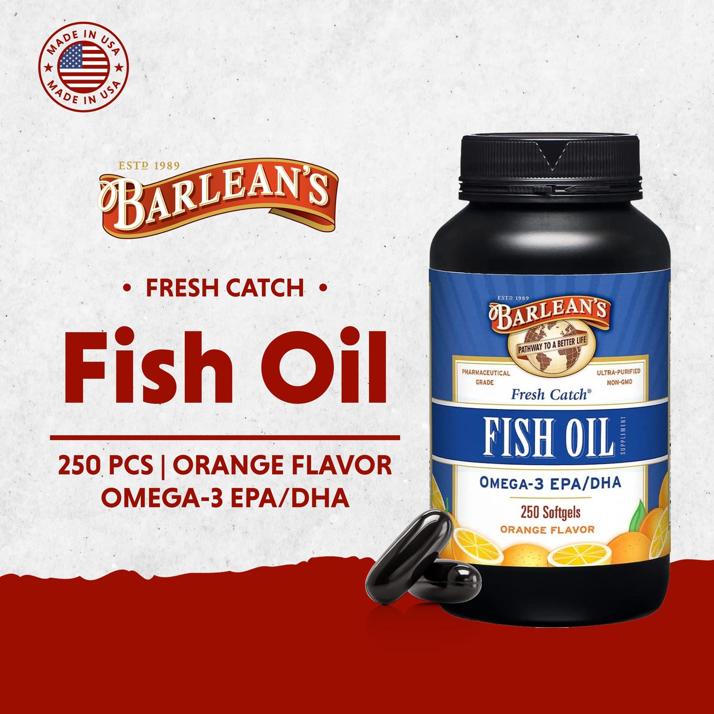 Barlean's Omega 3 Fish Oil Supplements, 600mg Fish Oil Pills with EPA & DHA, Softgels for Joint, Brain, & Heart Health, Orange Flavored, 250 Count - Medaid International