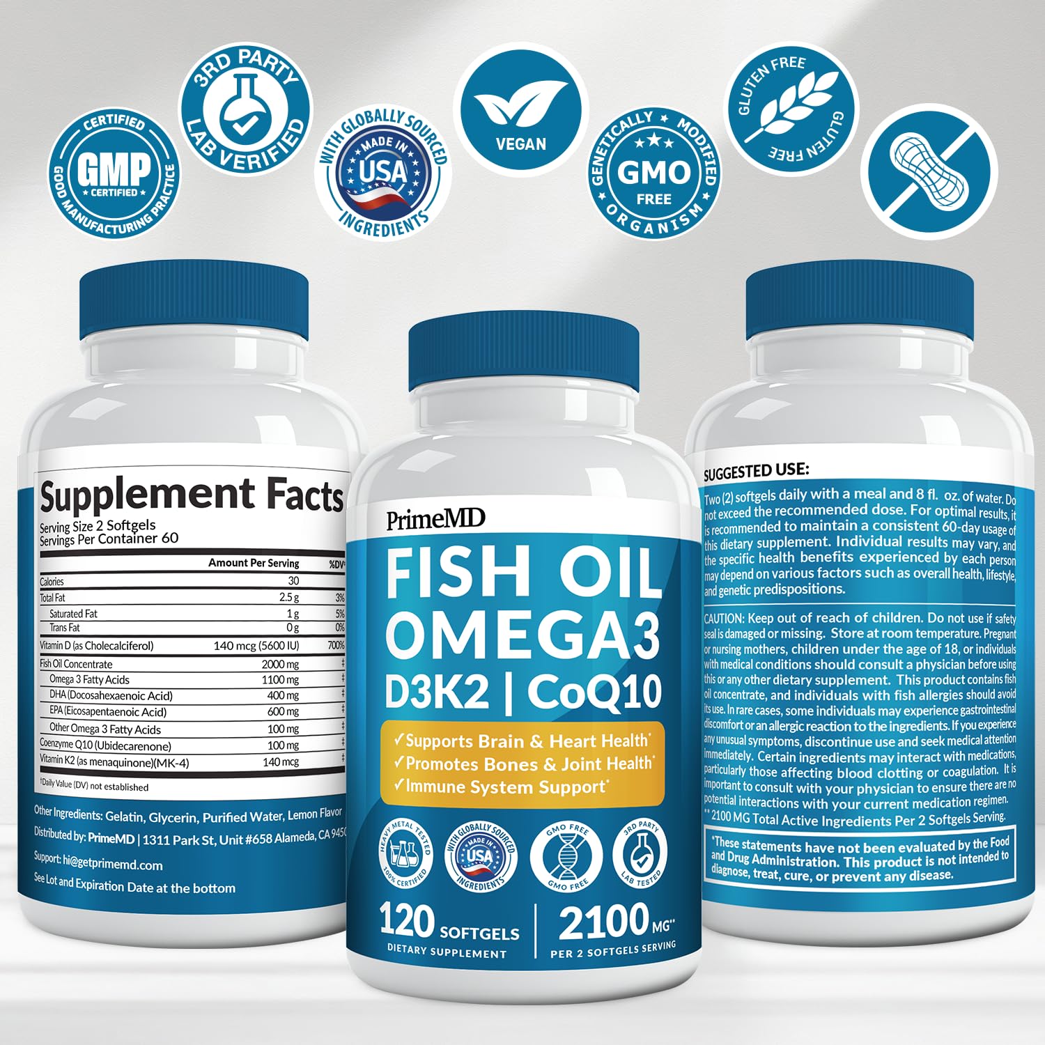 4-in-1 Fish Oil Omega 3 Fatty Supplements (2100mg) - Omega 3 Fish Oil with Vitamins D3 K2 and CoQ10 - Lemon Flavored (120 softgels) - Medaid International