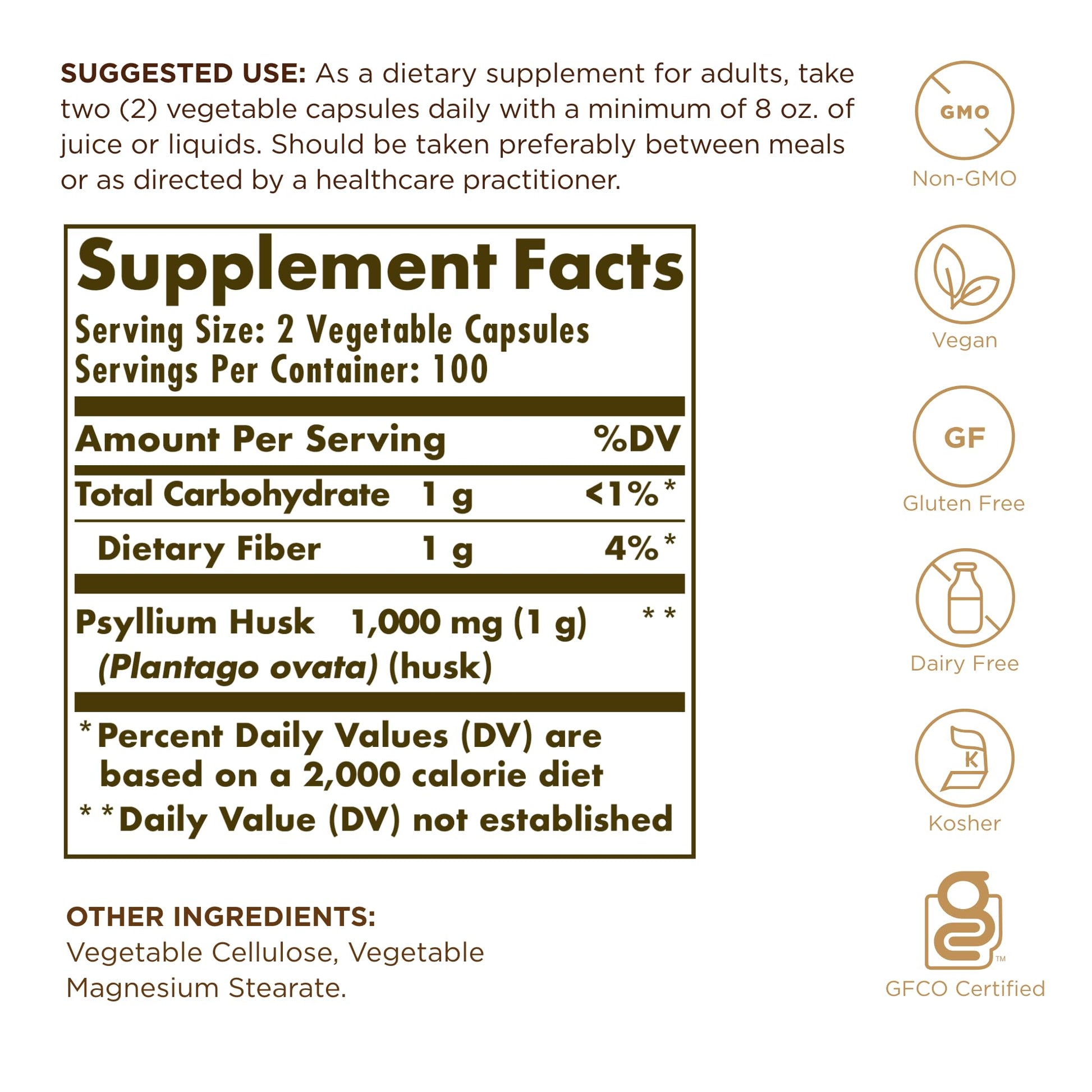 Solgar Psyllium Husks Fiber 500 mg - 200 Vegetable Capsules - Non-GMO, Vegan, Gluten Free, Dairy Free, Kosher - 100 Servings - Medaid International