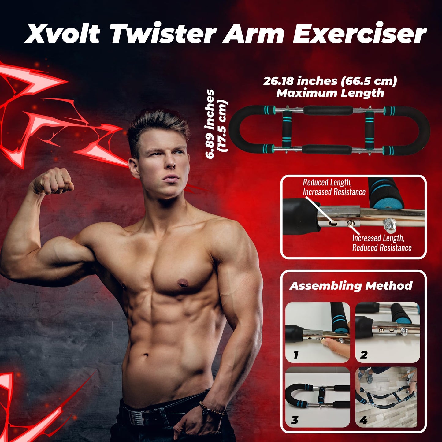 Twister Arm Trainer Chest Workout Equipment - 66-110lbs Adjustable Resistance Upper Body Muscle Strength Builder Clip Exerciser for Men - Home Gym Wrist Exercise Pectoral Strengthener Bar Device - Medaid International