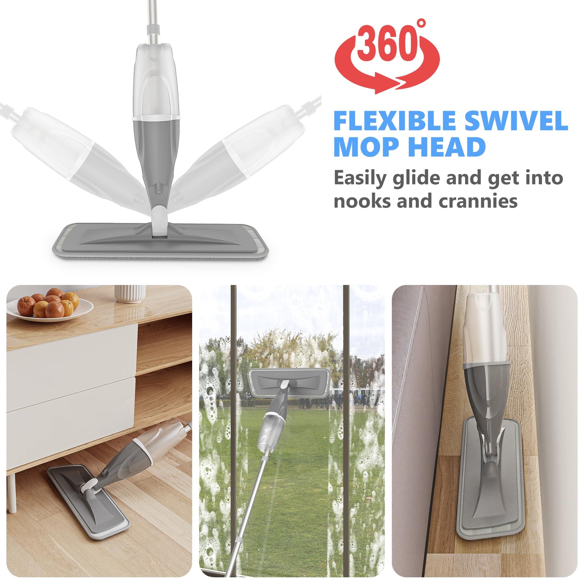 PAPCLEAN Spray Mops for Floor Cleaning Microfiber Mop Hardwood Floors Wet Dust Flat Cleaner with 4 Washable Pads 440 Ml Refillable Bottle Wood Tile Laminate Vinyl Kitchen, Gray - Medaid International