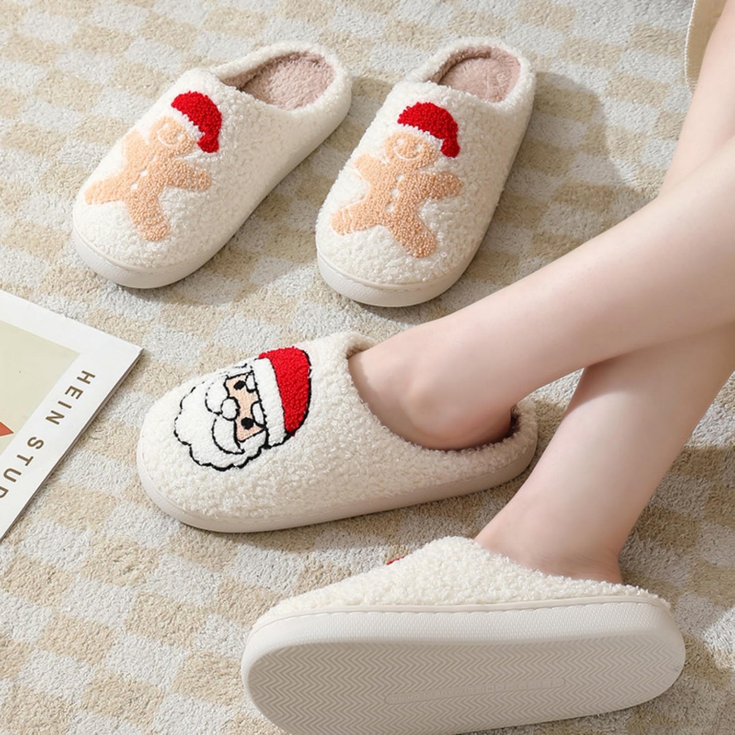 Christmas Slippers Cute Pattern Gingerbread Man Red Santa Hat Warm Soft Bedroom Shoes Fuzzy Closed Toe Sandals Non Slip House Bedroom - Medaid International