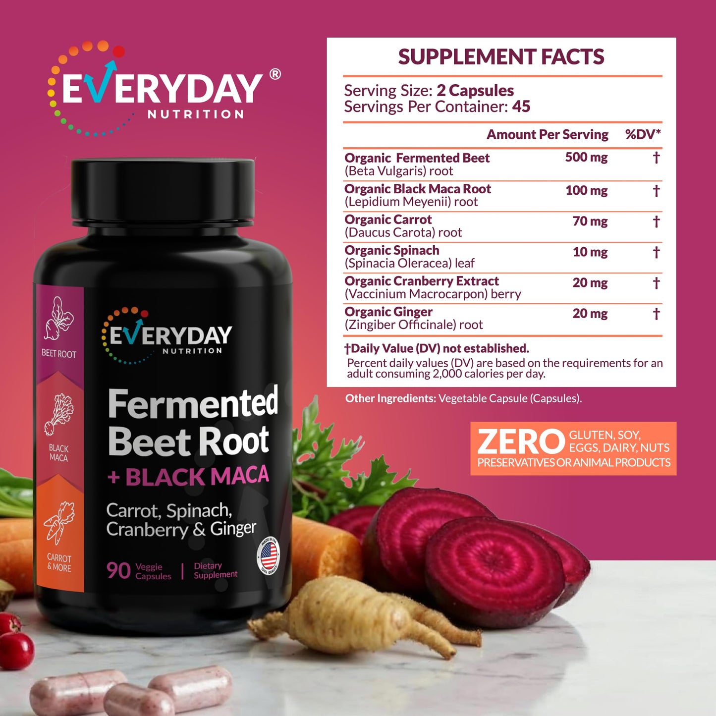 EVERYDAY NUTRITION Organic Fermented Beet Root, Black Maca, Carrot, Spinach, Cranberry, Ginger |Enhanced Overall Health for Women & Men | Made in USA | 90 Veggie Capsules - Medaid International