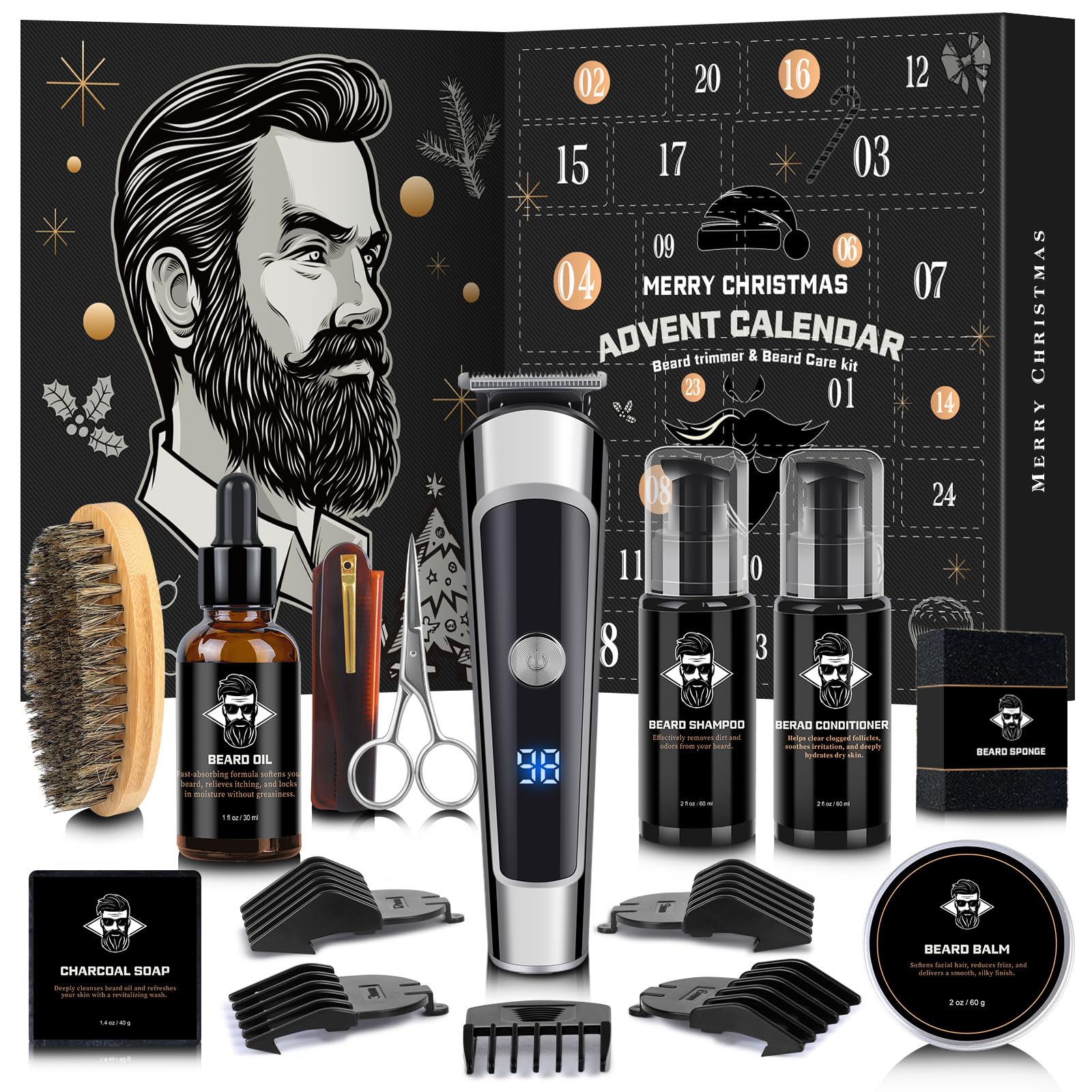 Hair & Beard Advent Beauty Calendar 2025 for Men Grooming Kit, 24 Days Christmas Countdown Calendar with Electric Trimmer Kit & Beard Care Kit for Men, Creative Gifts for Father Dad Husband Boyfriend - Medaid International