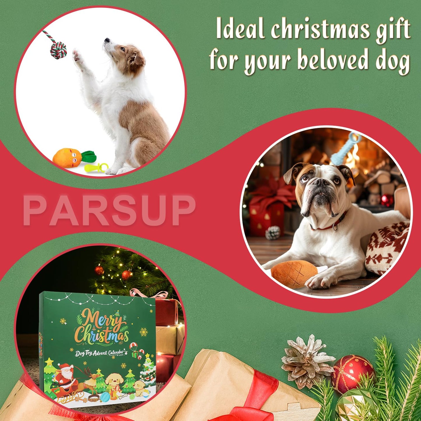 Dog Advent Calendar, 24 Days Pet Toy Christmas Countdown Calendar with Chew Ropes Toys Squeaky Balls Teething Toys for Xmas Small Puppy Terrier - Medaid International