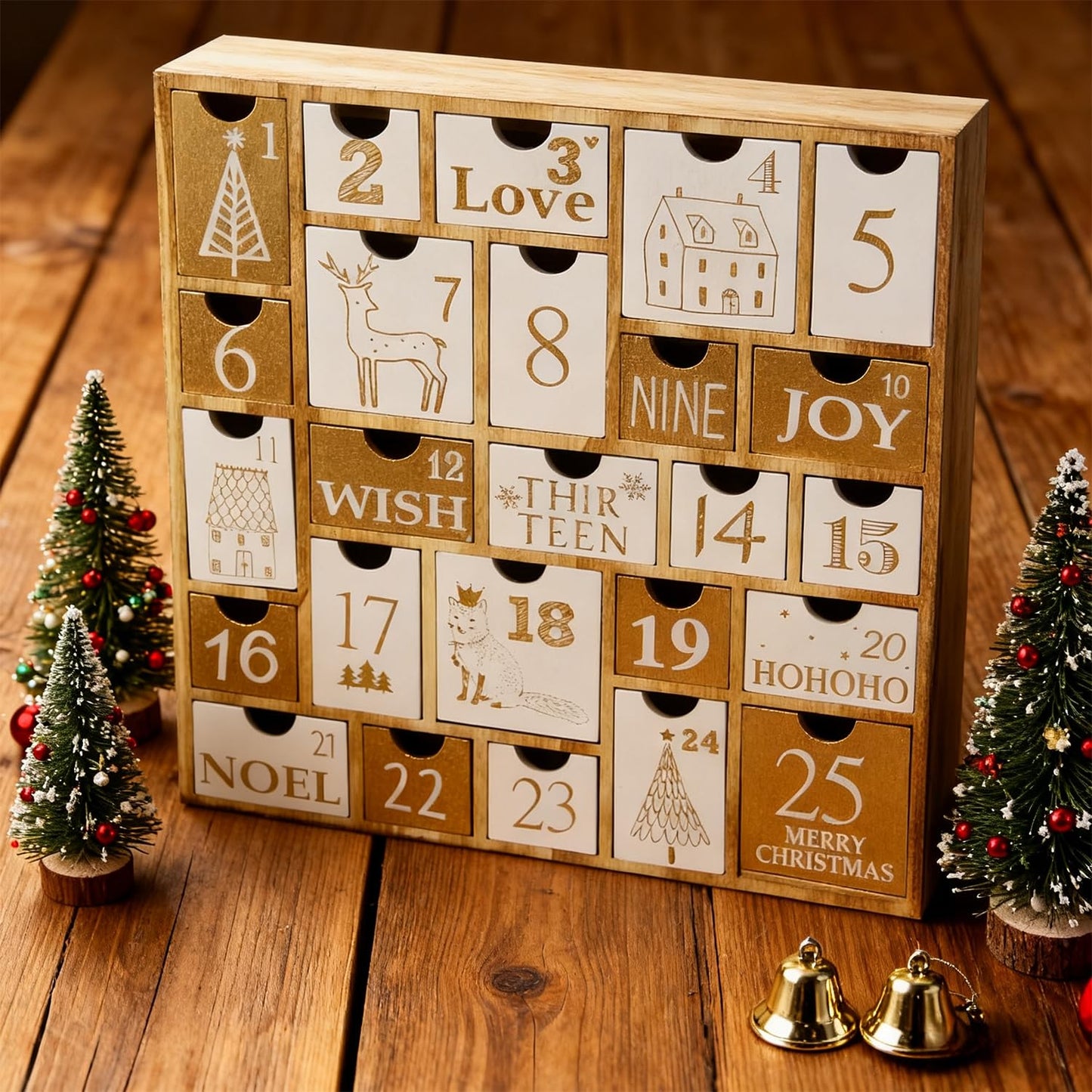 Juegoal Advent Calendar with 25 Drawers Countdown to Christmas, Refillable Wooden Advent Xmas Gift for Kids, 12 Inches Tall - Medaid International