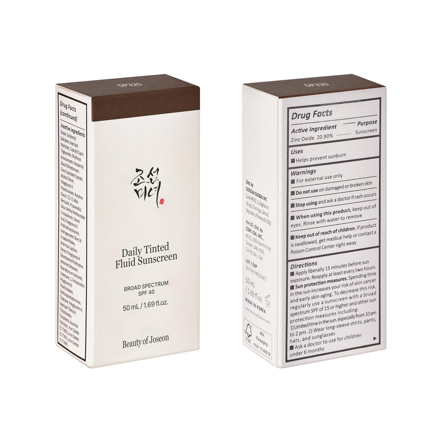 Beauty of Joseon Daily Tinted Fluid Sunscreen 12 Shades for Face Moisturizing Broad Spectrum SPF 40 Korean Skincare 50ml, 1.69 fl.oz #DP320 - Medaid International