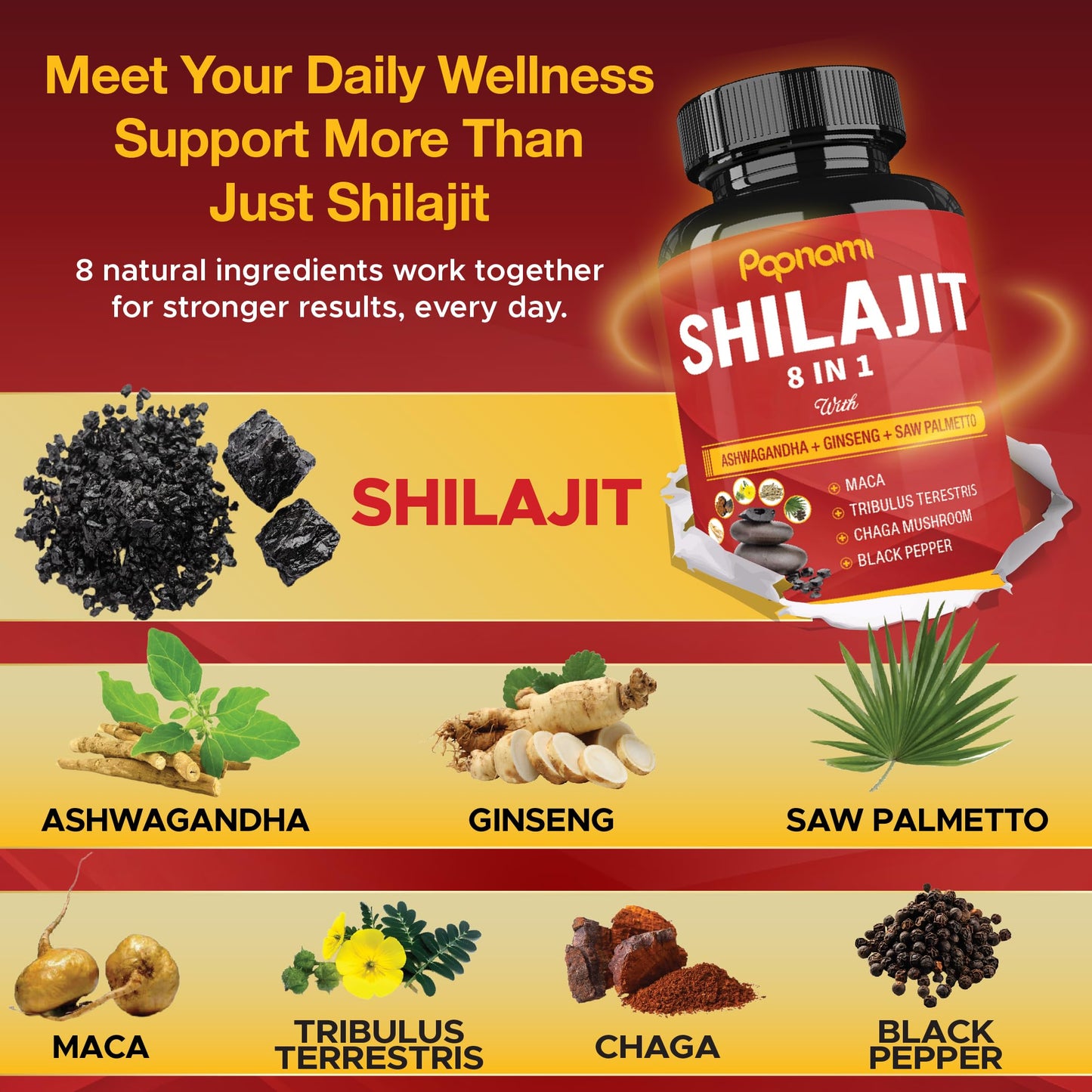 Shilajit Himalayan Capsules - 3 Month Supply - Combined Ashwagandha, Ginseng, Saw Palmetto, Maca, Tribulus, Chaga, Black Pepper - Medaid International