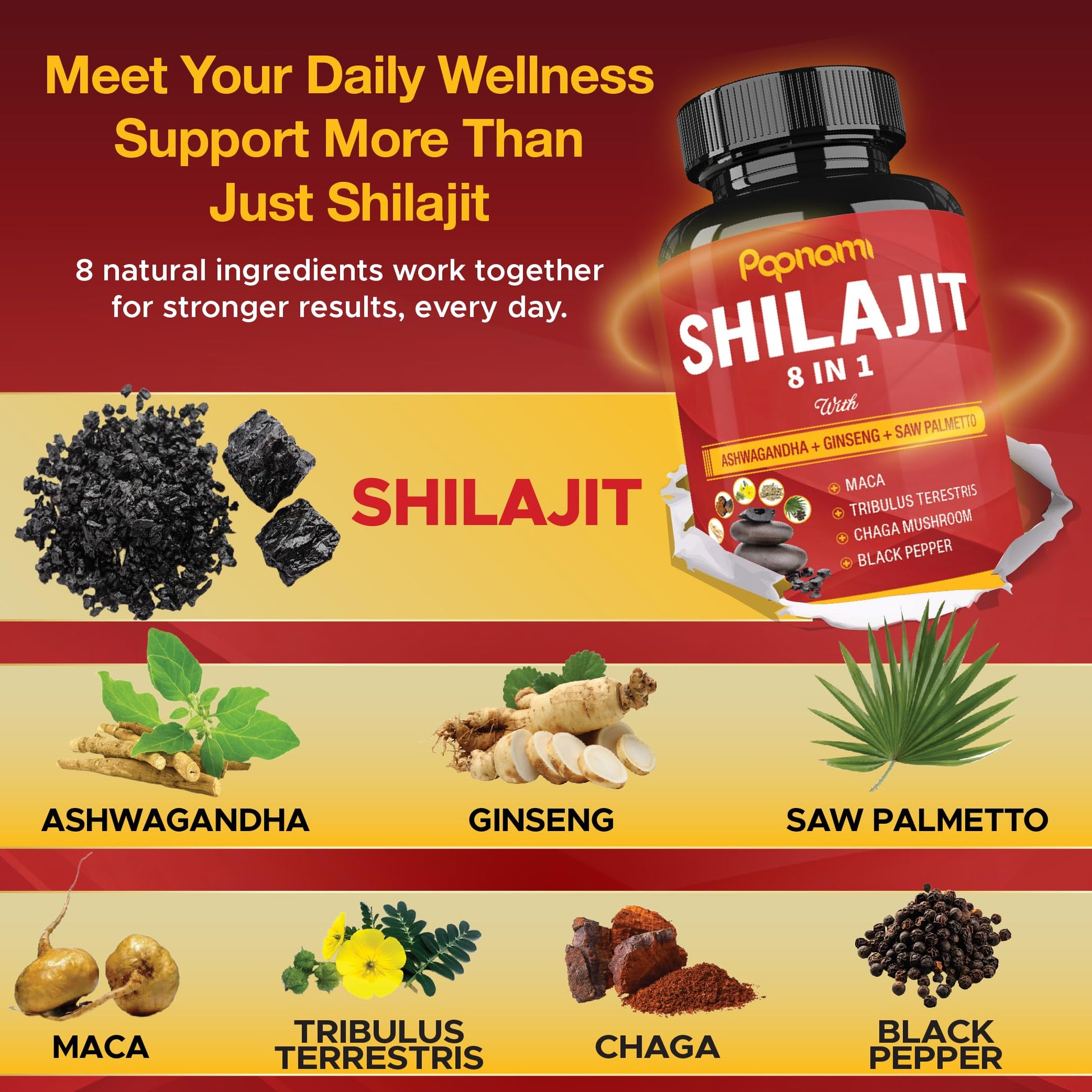 Shilajit Himalayan Capsules - 3 Month Supply - Combined Ashwagandha, Ginseng, Saw Palmetto, Maca, Tribulus, Chaga, Black Pepper - Medaid International