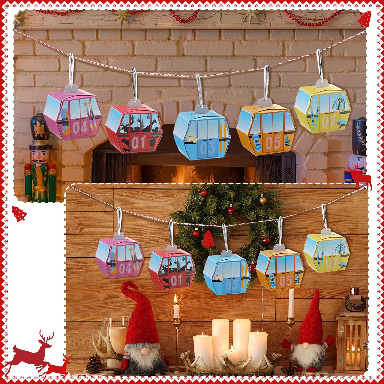 Yexiya Gondola Lift Advent Calendar for Christmas Countdown 25 Empty Advent Boxes Red White Rope and Twist Tie DIY Decoration for Xmas Holiday Hanging Decor - Medaid International