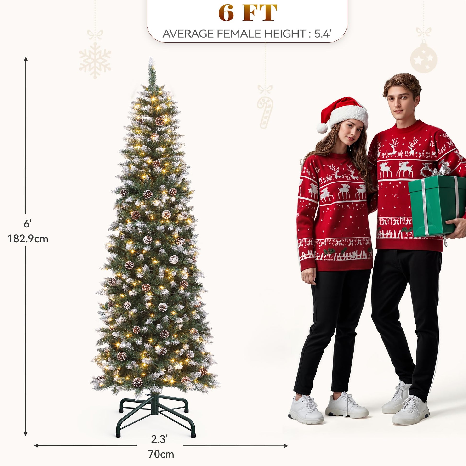 YITAHOME 6FT Pre-Decorated Pencil Christmas Tree w/Remote, Partially Flocked & Frosted Slim Prelit Artificial Hinged Xmas Tree w/ 618 Tips, 50 Pine Cones, 250 Warmwhite & Multi-Color Lights, 11 Modes - Medaid International