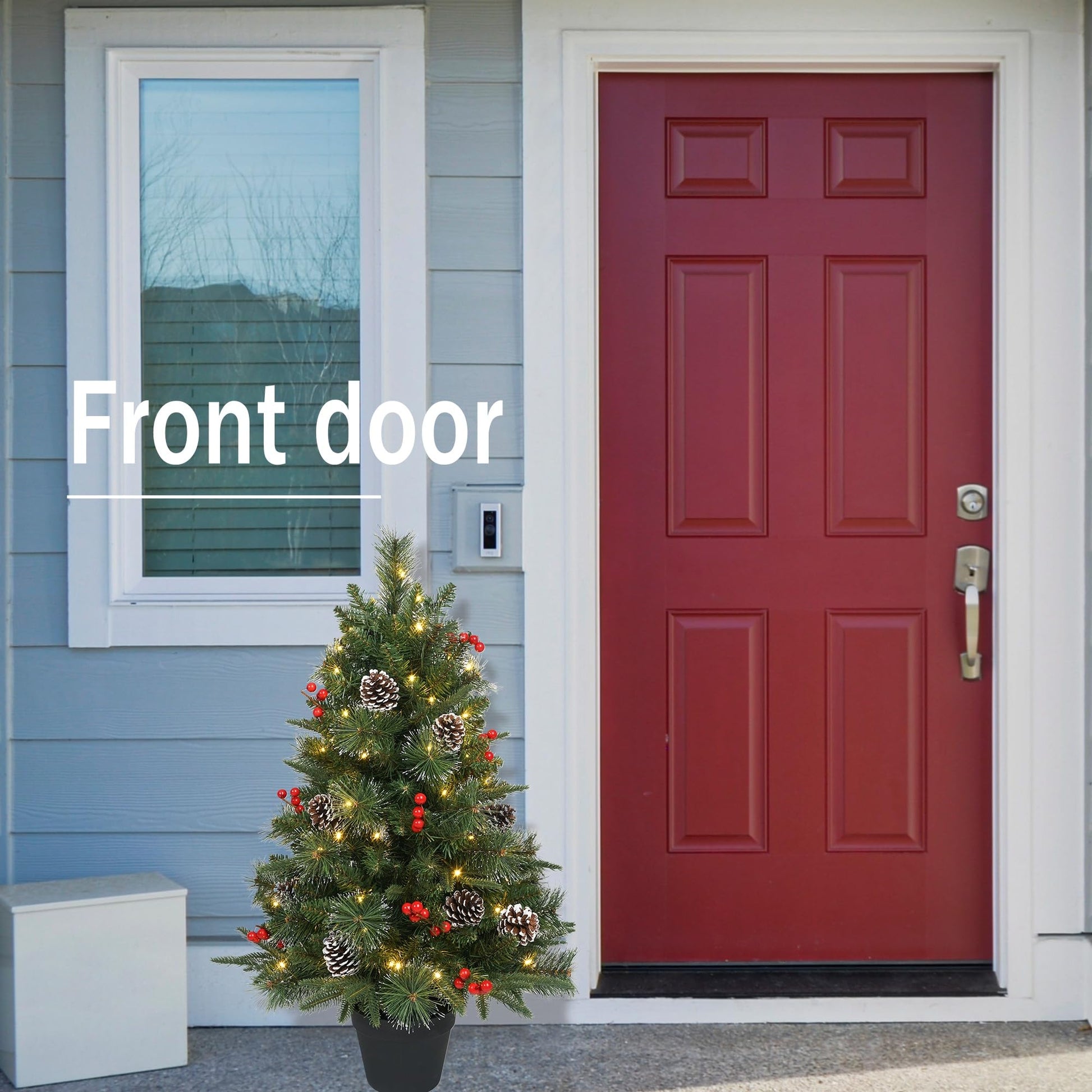 3Ft Pre-Lit Artificial Christmas Tree Tabletop with Battery Operated 70 Warm LED Red Berries Pine Cone Pine Needle, Greenery Potted Christmas Tree for Indoor, Porch, Outdoor - Medaid International