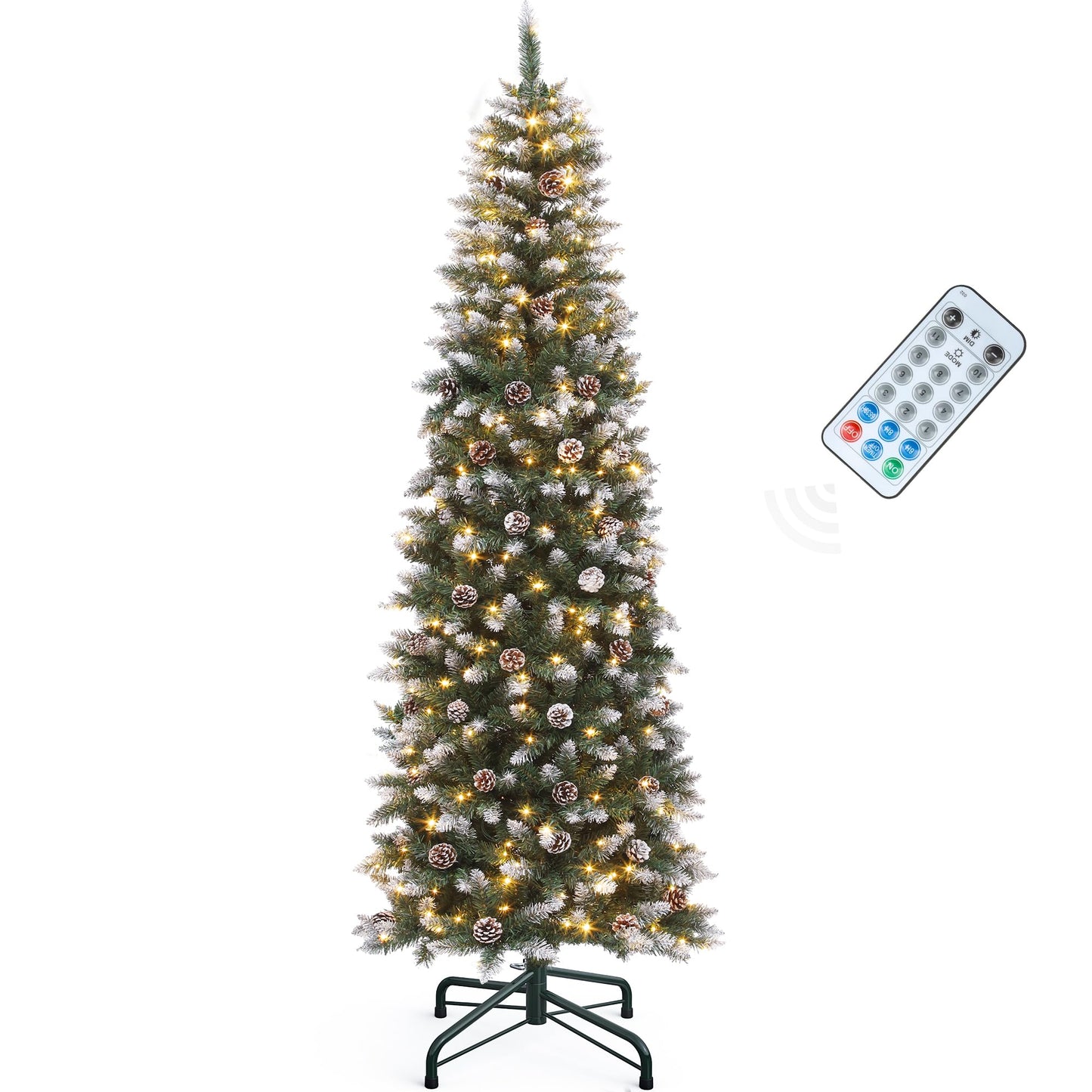 YITAHOME 6FT Pre-Decorated Pencil Christmas Tree w/Remote, Partially Flocked & Frosted Slim Prelit Artificial Hinged Xmas Tree w/ 618 Tips, 50 Pine Cones, 250 Warmwhite & Multi-Color Lights, 11 Modes - Medaid International