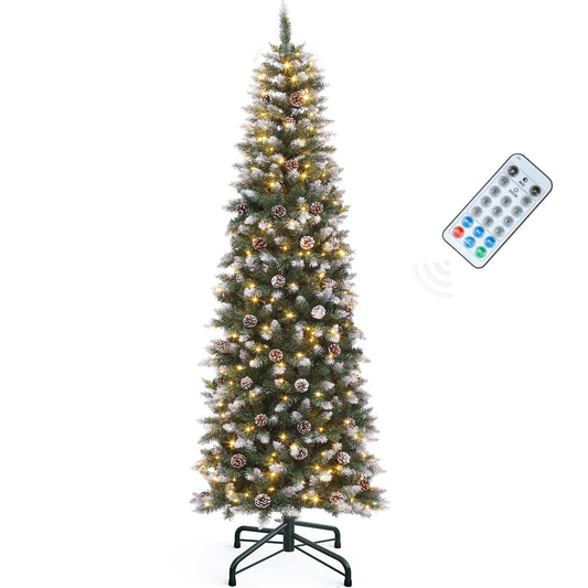 YITAHOME 6FT Pre-Decorated Pencil Christmas Tree w/Remote, Partially Flocked & Frosted Slim Prelit Artificial Hinged Xmas Tree w/ 618 Tips, 50 Pine Cones, 250 Warmwhite & Multi-Color Lights, 11 Modes - Medaid International