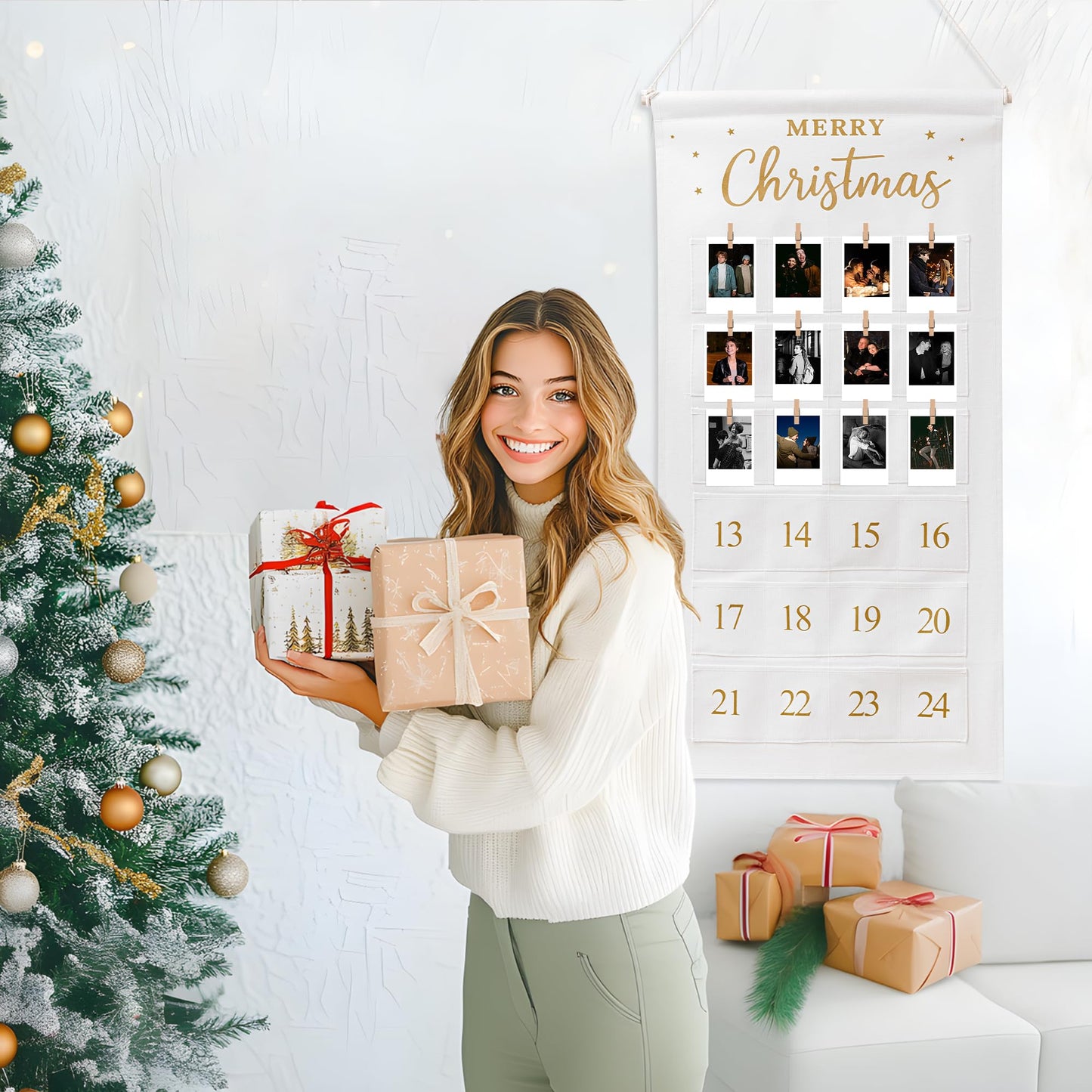 Christmas Picture Countdown Board Photo Advent Calendar with Pockets Reusable Photo-Display Collage Board for Festival Memory Countdown - Medaid International