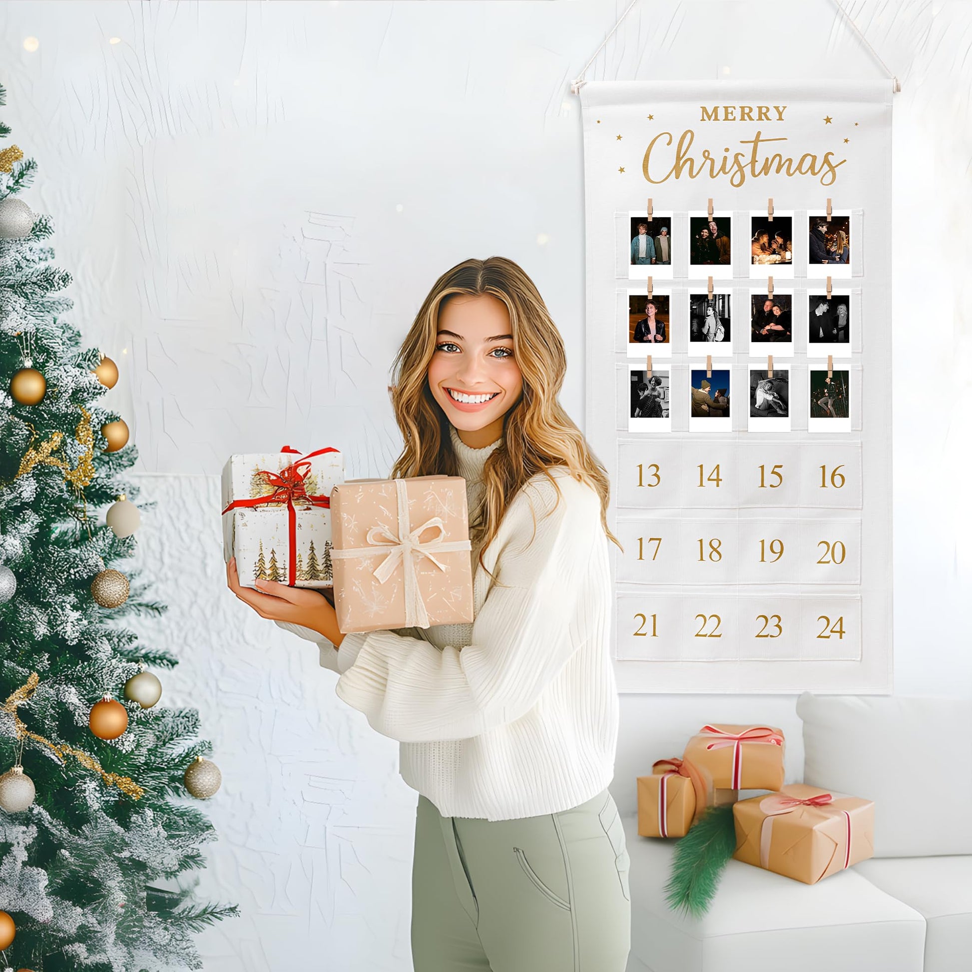 Christmas Picture Countdown Board Photo Advent Calendar with Pockets Reusable Photo-Display Collage Board for Festival Memory Countdown - Medaid International
