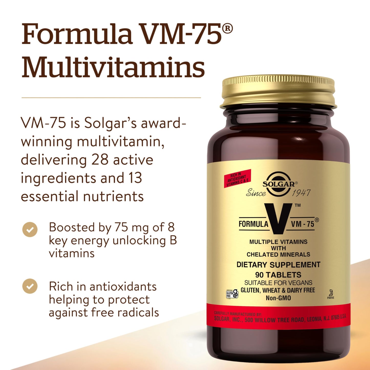 Solgar Formula VM-75, 90 Tablets - Multivitamin with Chelated Minerals - Vitamin A, B6, B12, C, D, E - Biotin, Magnesium, Calcium, Iron, Zinc - Vegan, Gluten Free, Dairy Free, Kosher - 90 Servings - Medaid International