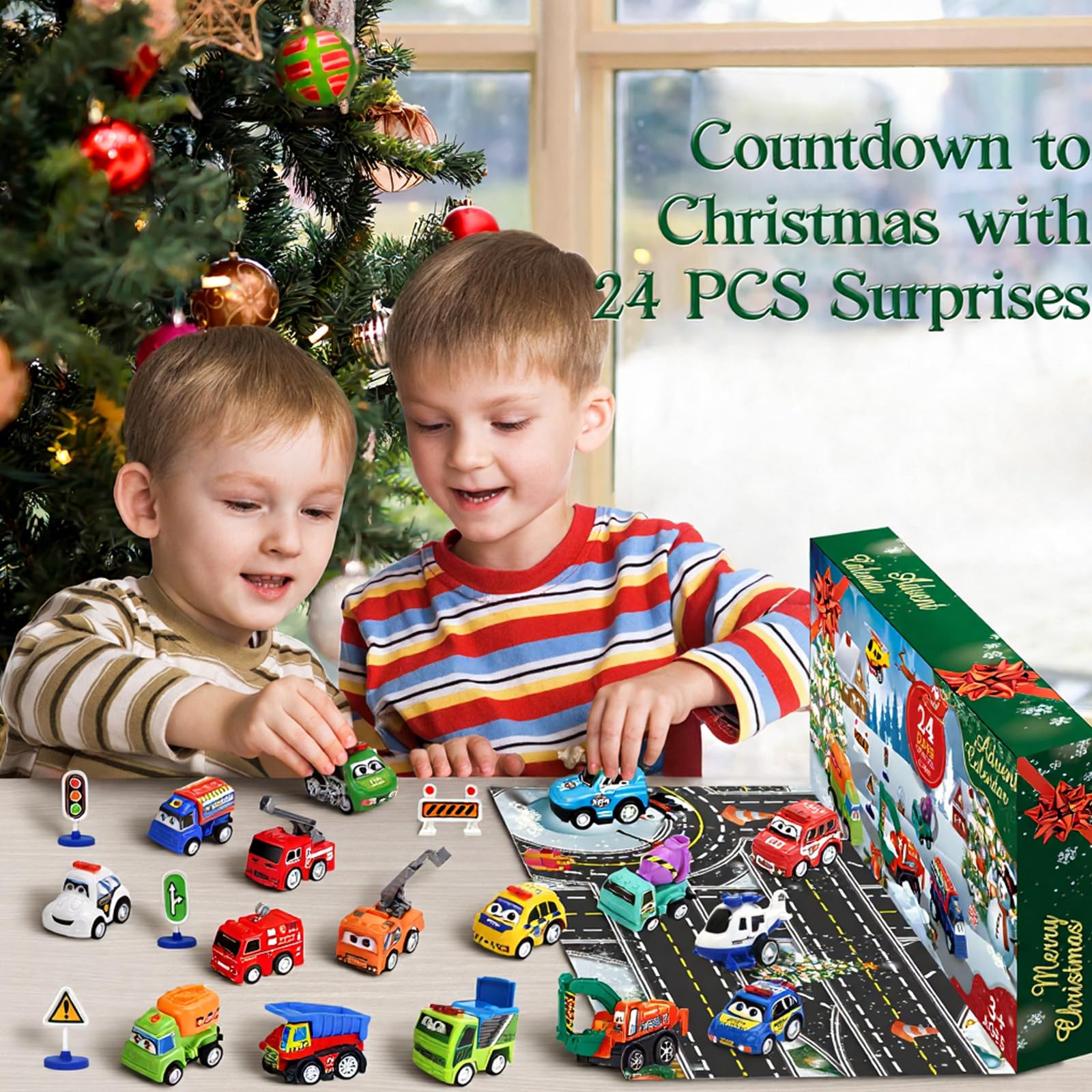Advent Calendar 2025 Kids Boys, 24 Days Christmas Countdown with Pull-Back Cars Traffic Sign Sets, Christmas Advent Calendar Vehicles Holiday Gifts Kids Boys Girls Toddlers - Medaid International