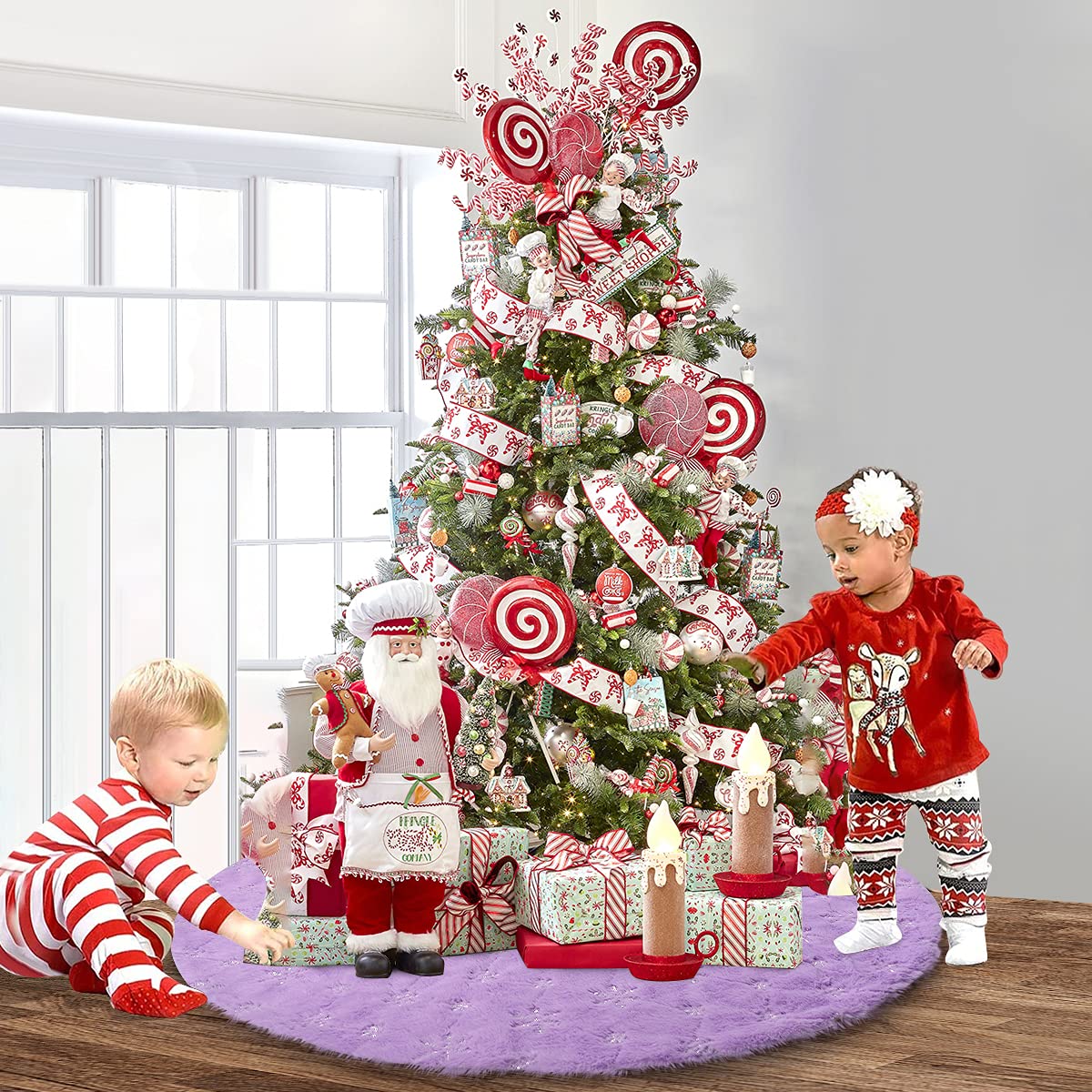 yuboo Purple Faux Fur Christmas Tree Skirt with Silver Snowflakes, 48 Inches Lavender Xmas Tree Mat for Purple Spring Easter Decorations for Home - Medaid International