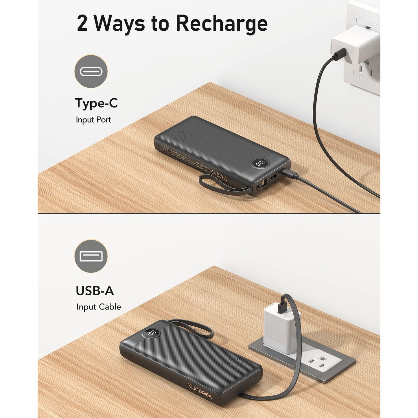 VEEKTOMX Power Bank with Built in Cables 20000mAh BK EU - Medaid International