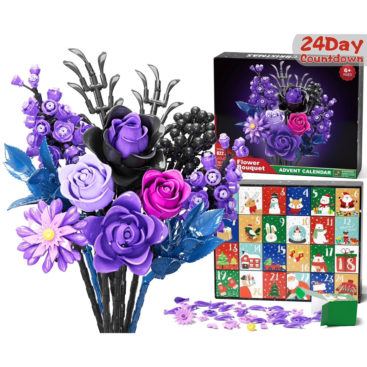 Qinline Purple Rose Advent Calendar 2025 for Adults Teens Kids - Christmas Flower Bouquet Building Blocks 24 Day Countdown Calendar Artificial Botanical Collectio Halloween Home Decor Gifts for Women - Medaid International