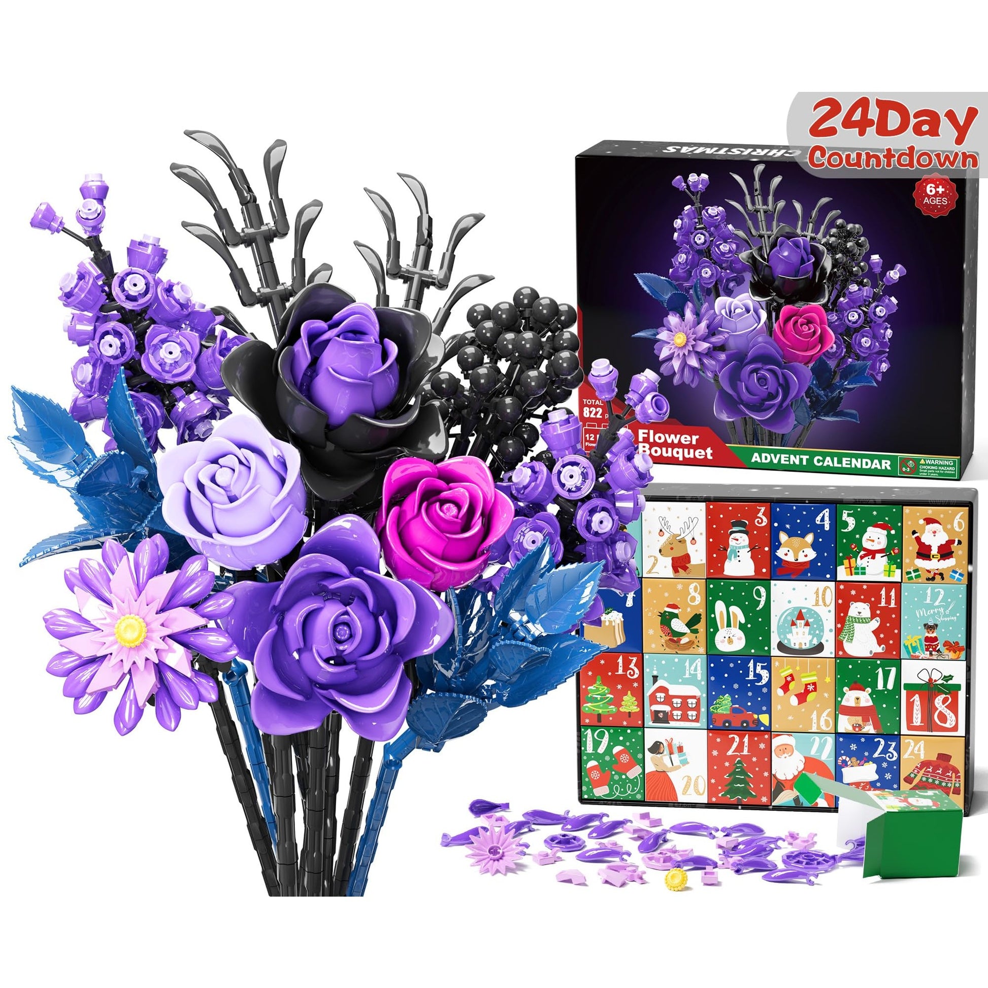 Qinline Purple Rose Advent Calendar 2025 for Adults Teens Kids - Christmas Flower Bouquet Building Blocks 24 Day Countdown Calendar Artificial Botanical Collectio Halloween Home Decor Gifts for Women - Medaid International