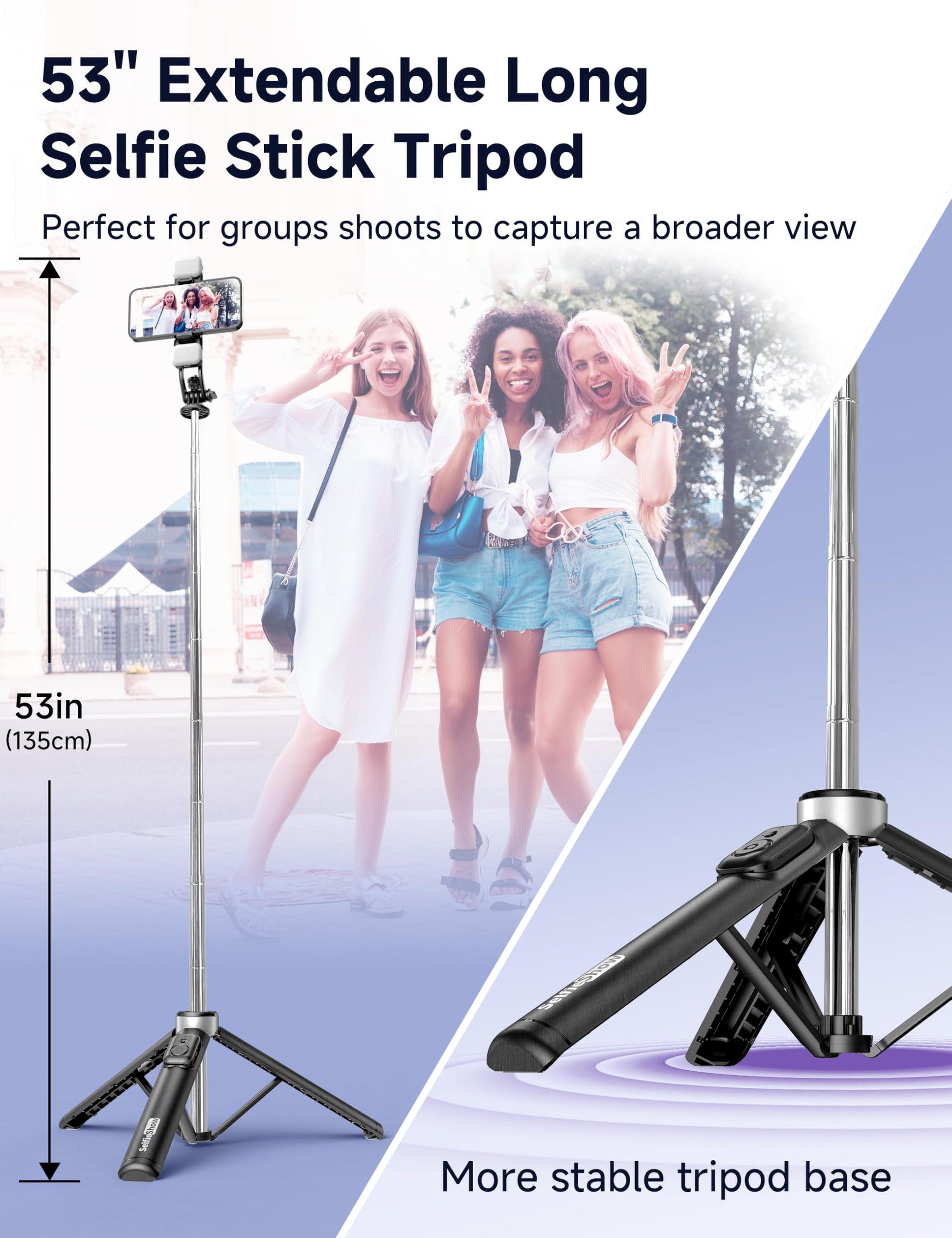 53'' Selfie Stick Tripod with Light, Extendable Selfie Stick with Remote, Portable Cell Phone Tripod Stand with All in 1 Phone Clip, Lightweight Camera Tripod Compatible with iPhone 15 14 13, Android - Medaid International