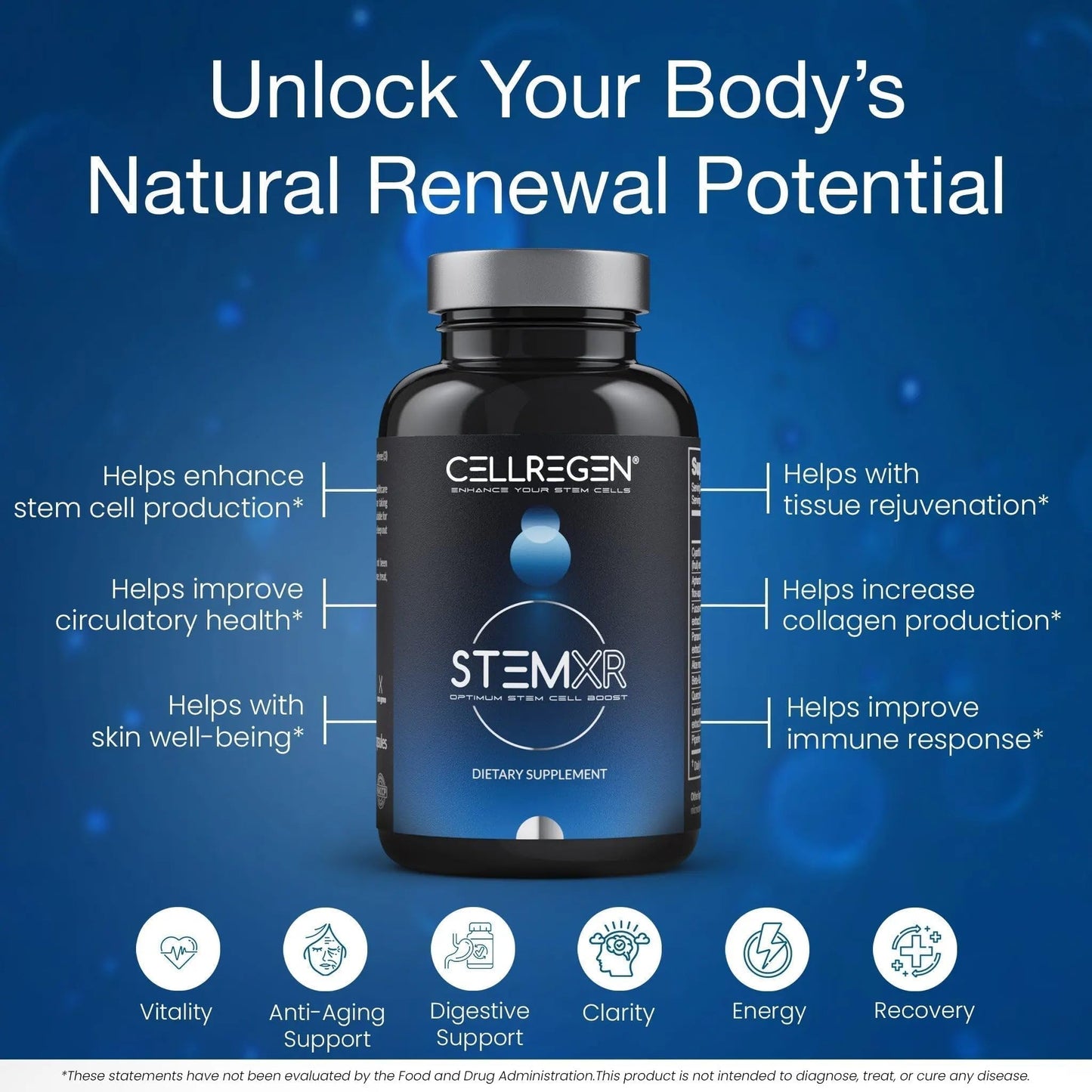 Cellregen StemXR™ Stem Cell Activator & Circulation Booster – Stem Cell Supplement for Men & Women – Blue Green Algae, Longevity, Vitality, Anti-Aging, Energy & Performance Support – 90 Capsules - Medaid International