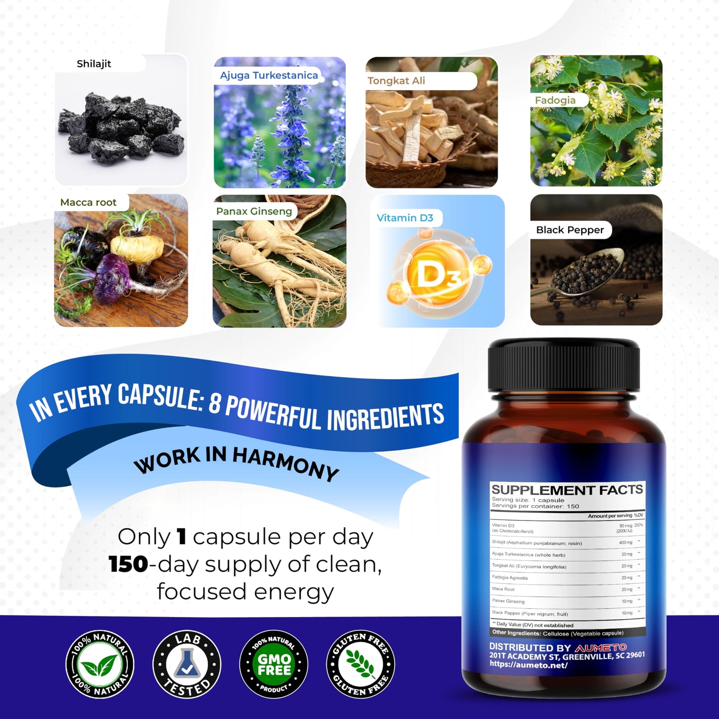 AUMETO Himalayan Shilajit Supplement - Enhanced Formula with Turkesterone, Maca Root, Tongkat Ali, Fadogia - Rich in Trace Minerals & Fulvic Acid for Male Vitality - Medaid International