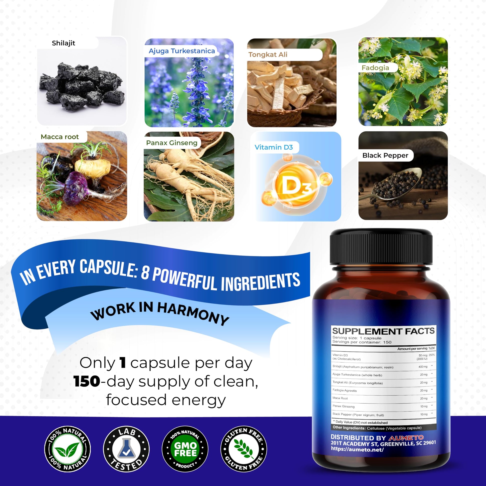 AUMETO Himalayan Shilajit Supplement - Enhanced Formula with Turkesterone, Maca Root, Tongkat Ali, Fadogia - Rich in Trace Minerals & Fulvic Acid for Male Vitality - Medaid International