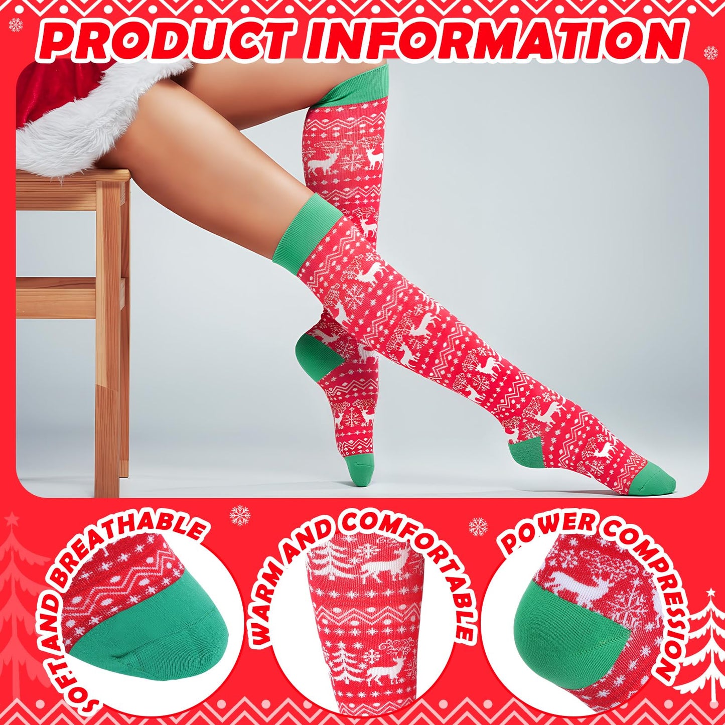 Suhine 4 Pairs Christmas Compression Sock Gift, Christmas Knee High Sock Long Calf Stocking for Xmas Adult Women Nurses Men(Vintage Style) - Medaid International