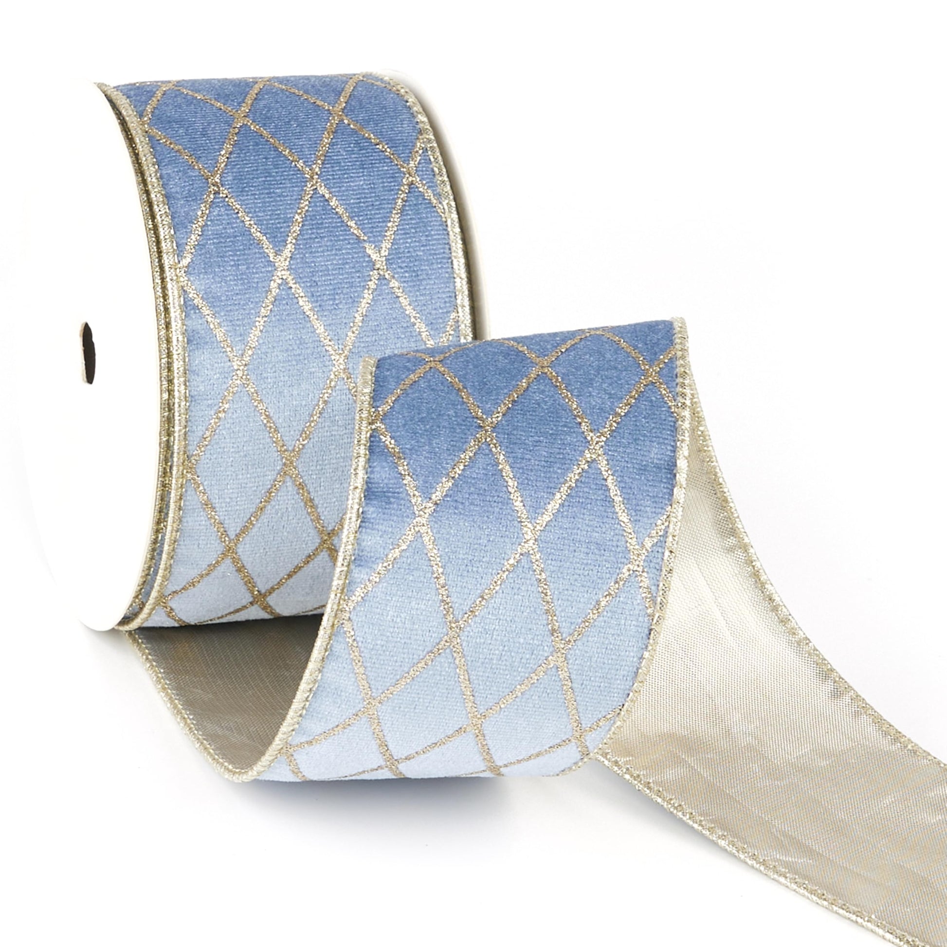 MAYREEL 2.5 Inch Dusty Blue and Gold Velvet Wired Ribbon Metallic Diamond Glitter Grid for Christmas Gift Wrapping Floral Craft Bows Wreaths Garland Holiday Decor 10 Yards - Medaid International