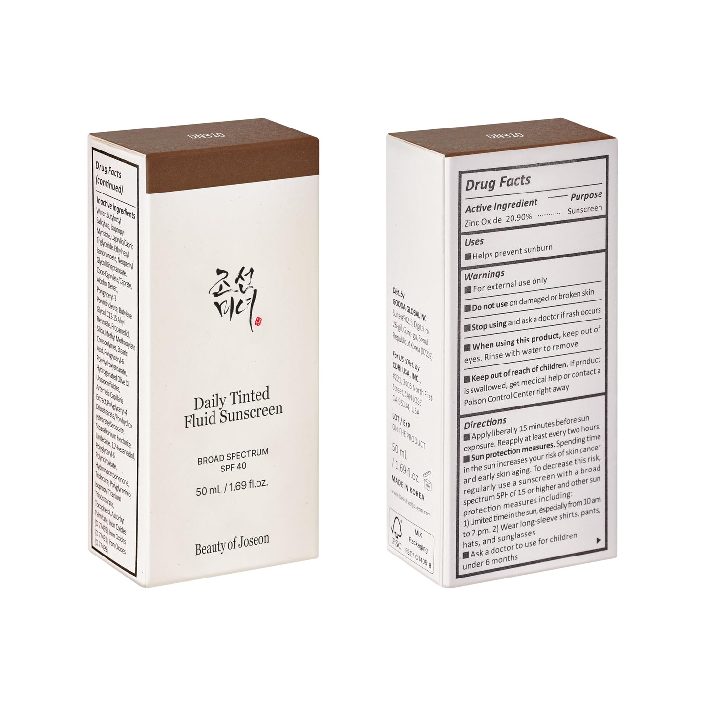 Beauty of Joseon Daily Tinted Fluid Sunscreen 12 Shades for Face Moisturizing Broad Spectrum SPF 40 Korean Skincare 50ml, 1.69 fl.oz #DN310 - Medaid International