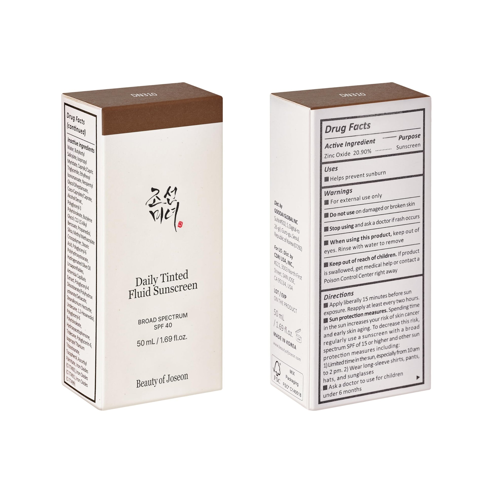 Beauty of Joseon Daily Tinted Fluid Sunscreen 12 Shades for Face Moisturizing Broad Spectrum SPF 40 Korean Skincare 50ml, 1.69 fl.oz #DN310 - Medaid International