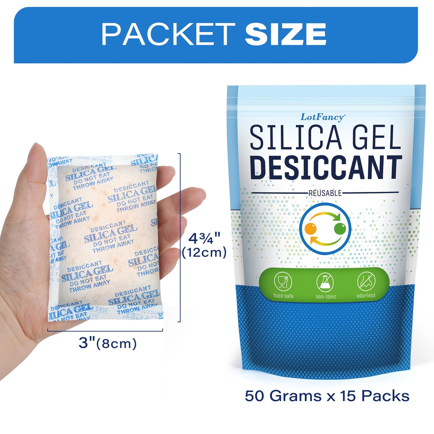 LotFancy Silica Gel Packets, 50 Gram 15 Packs Rechargeable Desiccant Packs for Storage, Moisture Absorber Drying Bags with Orange Indicator, Non-Toxic - Medaid International