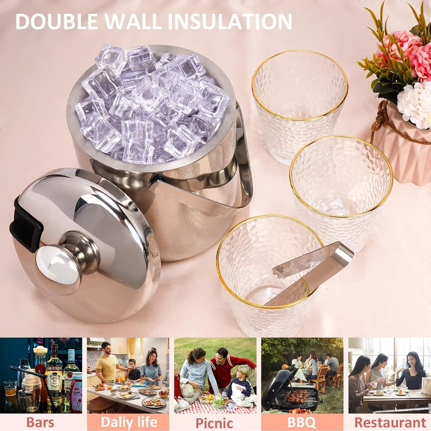 THMINS 3L Double-Wall Stainless Steel Insulated Ice Bucket With Lid & Ice Tong, Included Strainer, Ideal for Cocktail Bar, Parties, Chilling Wine, Champagne - Medaid International