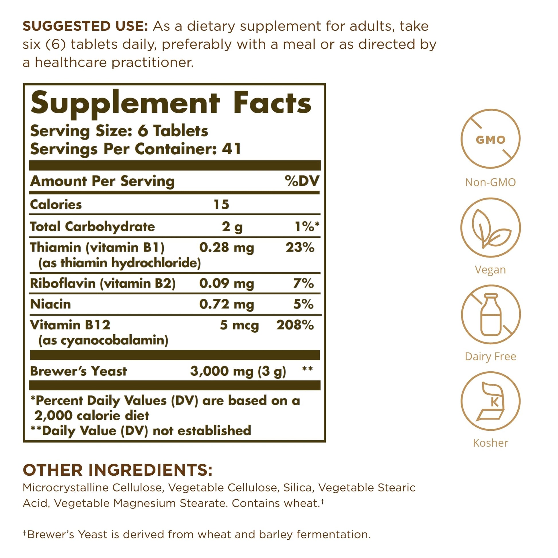 Solgar Brewer's Yeast 7 ½ Grains with Vitamin B12 - 250 Tablets - Non-GMO, Vegan, Dairy Free, Kosher - 41 Servings - Medaid International