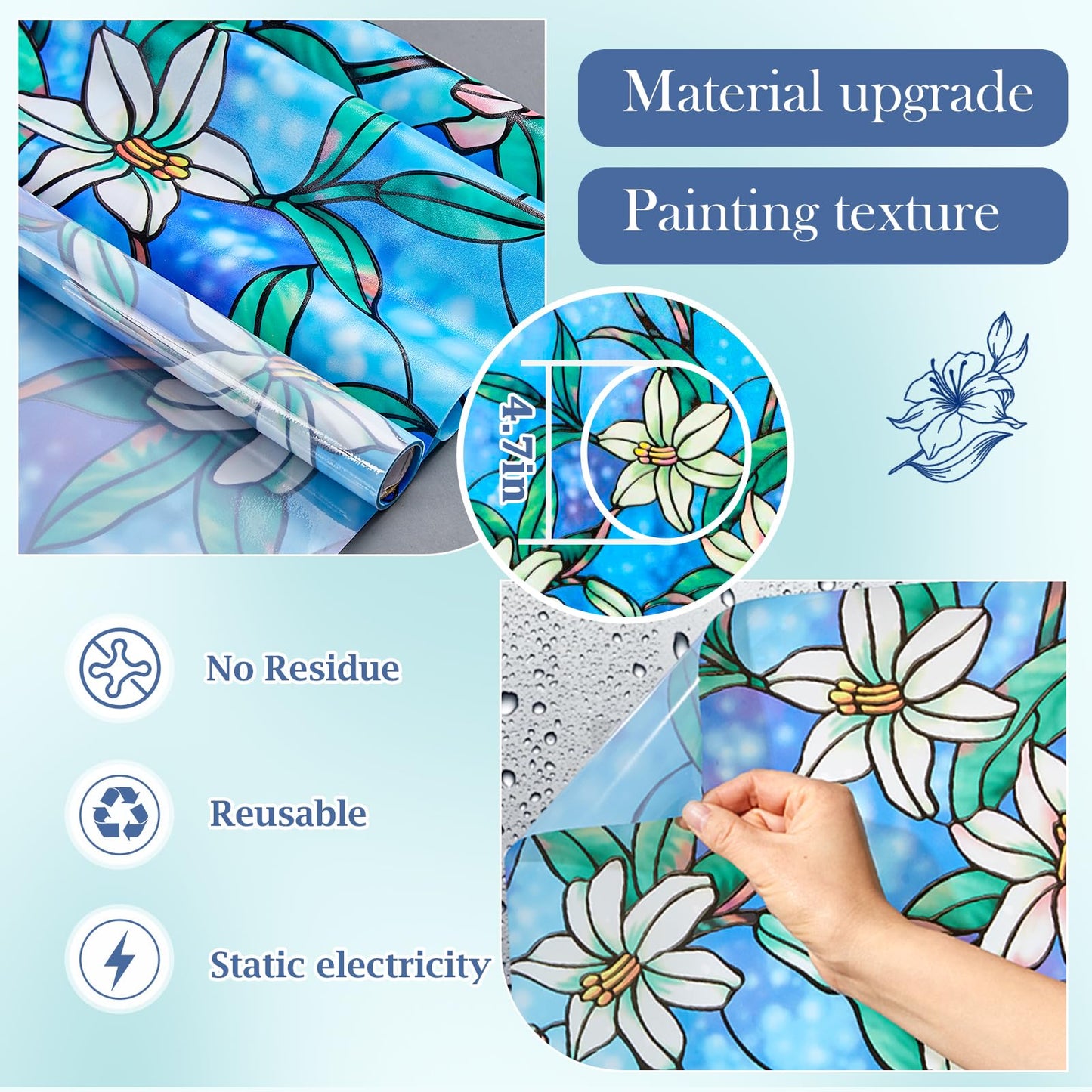 Coavas Decorative Window Privacy Film, Heat Control Sun Blocking Stained Glass Window Film, Floral Design Static Cling, Non Adhesive Windows Tint for Bathroom Front Door(Vinyl, 17.5" x 78.7 ") - Medaid International