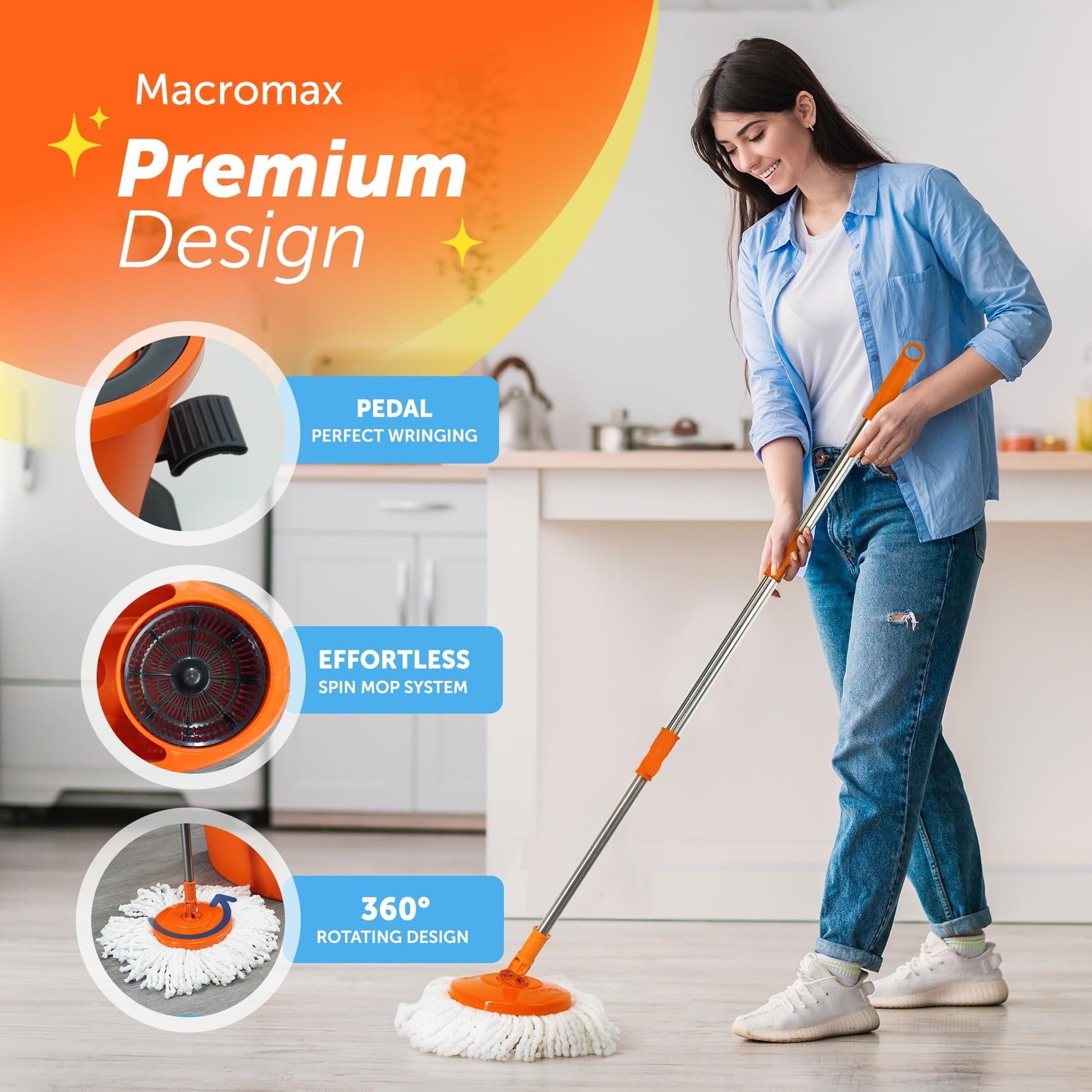 Macromax 10L Spin Mop and Bucket Set - 360° Rotating Mop with Adjustable Handle - Eco-Friendly Design with 90% Recyclable Materials - Ideal for Hardwood, Laminate & Tile Floor Cleaning - Medaid International