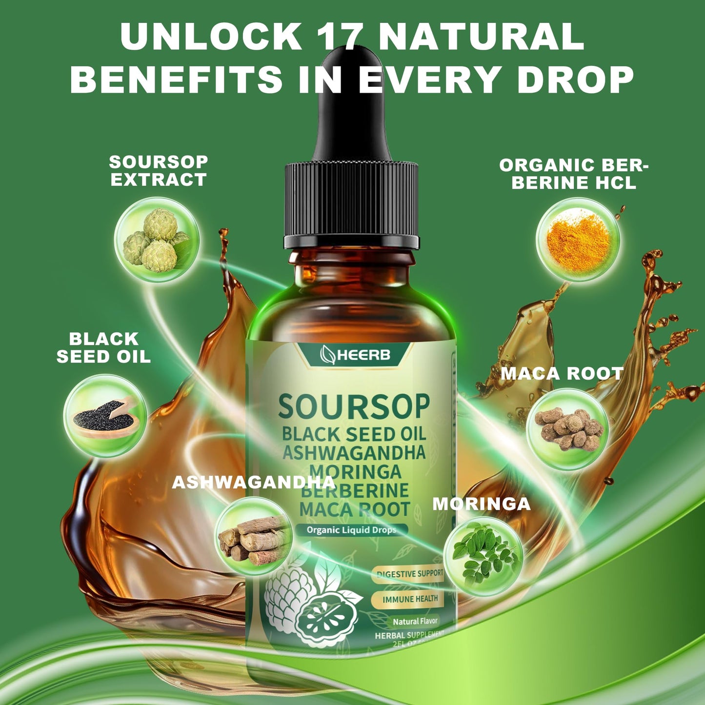 HEERB Organic Soursop Bitters Liquid – 4 Steps Detox Blend with Black Seed Oil, Ashwagandha, Moringa, Berberine, Maca Root | Pure Soursop Drops Supports Digestion, Energy & Overall Wellness (2 Fl Oz) - Medaid International