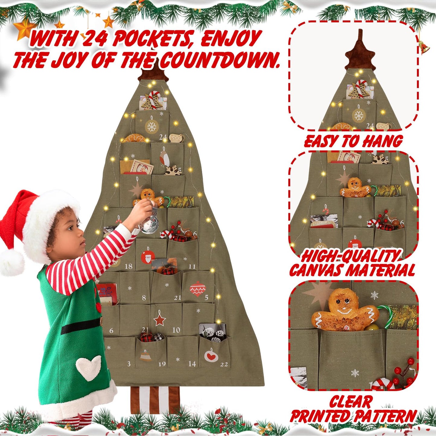 SATINIOR Fabric Christmas Advent Calendar with Pockets Xmas Tree Empty Cloth Advent Calendar to Fill 24 Days Reusable Natural 24 Days Countdown Hanging Storage Bag for Home Xmas Countdown Decoration - Medaid International