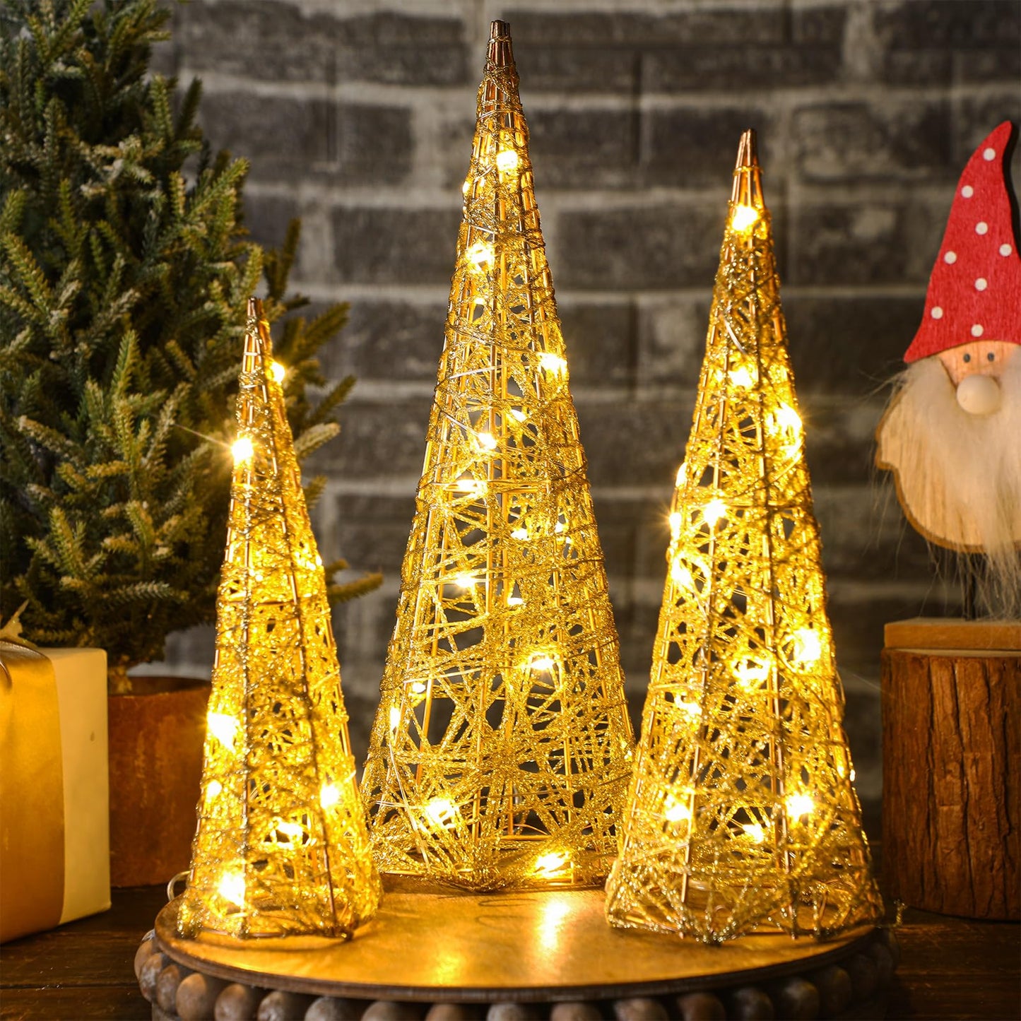 Baquler 3 Pcs LED Lighted Christmas Cone Trees Christmas Tree Ornament Gold Glittered Battery Operated Christmas Decoration Xmas Table Decor for Indoor Home Bedroom Tabletop Centerpiece Holiday Party - Medaid International