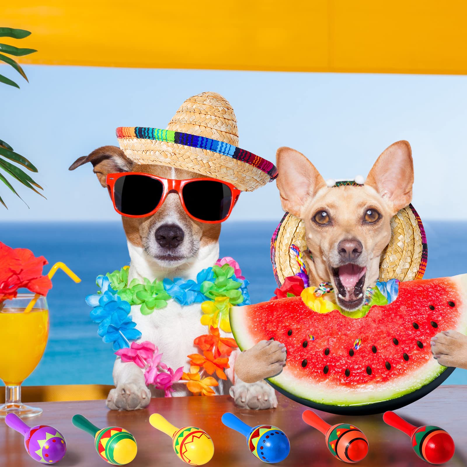 12 Pcs Colorful Wooden Maracas and 6 Pcs Mini Sombrero Hats - Mexican Fiesta Party Favors and Supplies for Carnivals - Medaid International