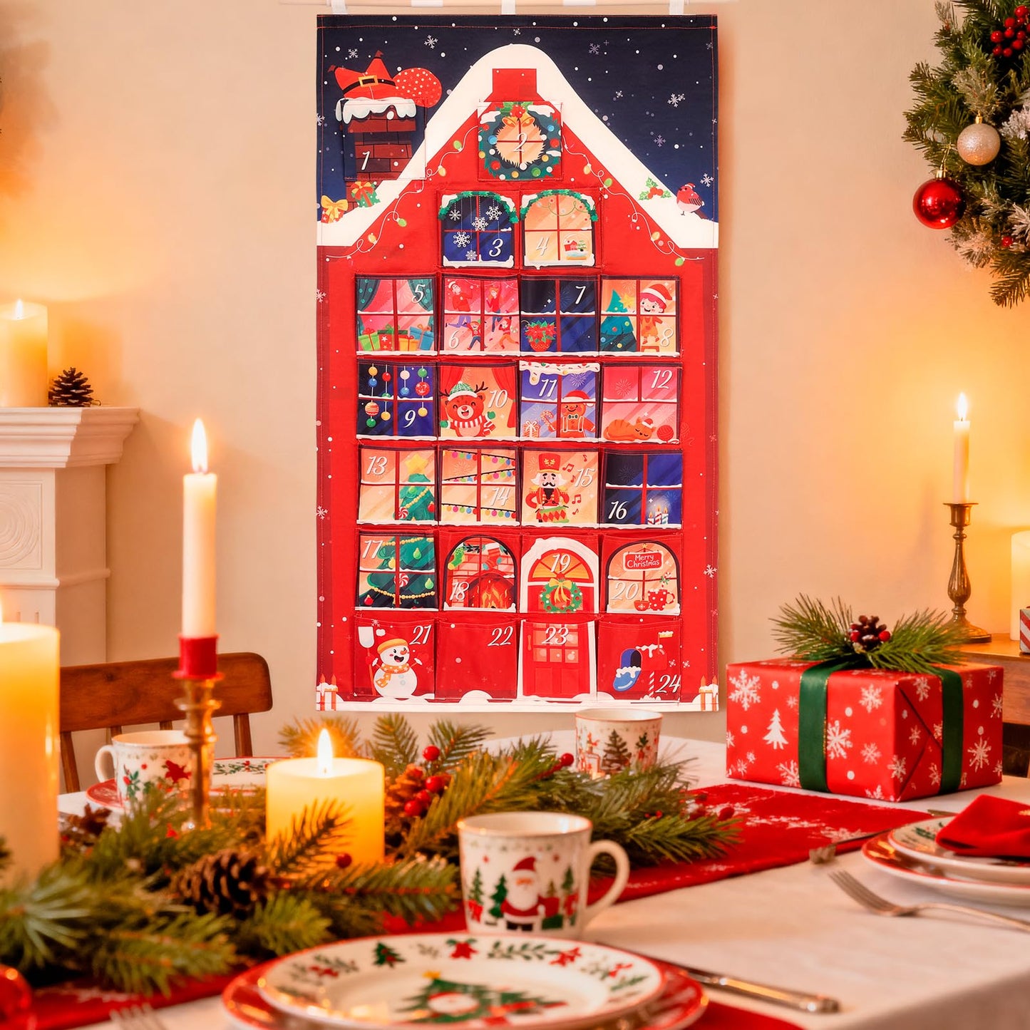 HOWAF Red House Fabric Christmas Advent Calendar with Pockets (Countdown to Christmas), 24 Days Mystery Christmas Countdown Calendar for Xmas Holiday Home Wall Decoration - Medaid International