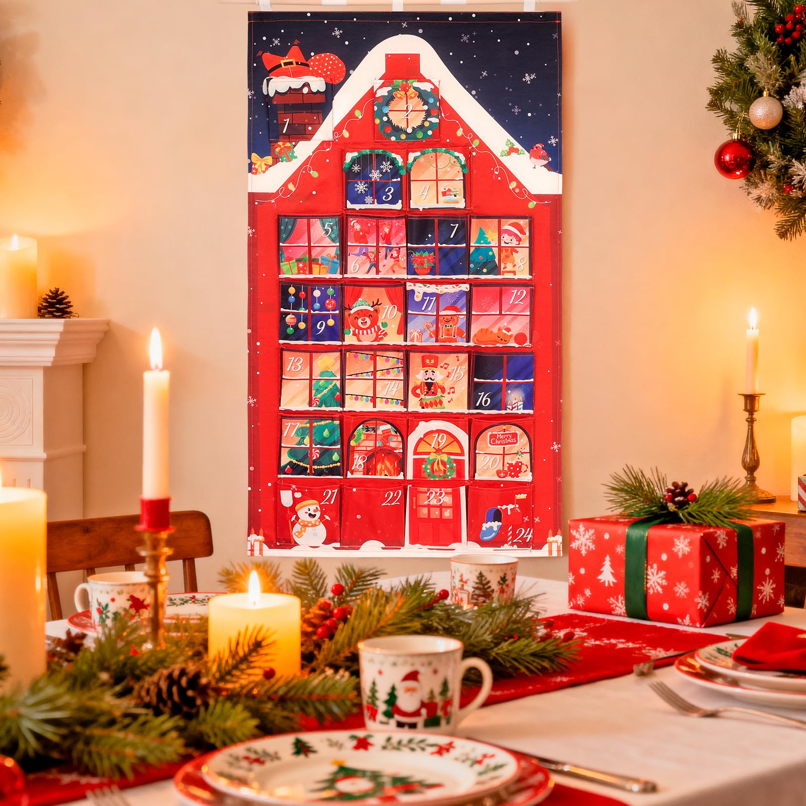 HOWAF Red House Fabric Christmas Advent Calendar with Pockets (Countdown to Christmas), 24 Days Mystery Christmas Countdown Calendar for Xmas Holiday Home Wall Decoration - Medaid International