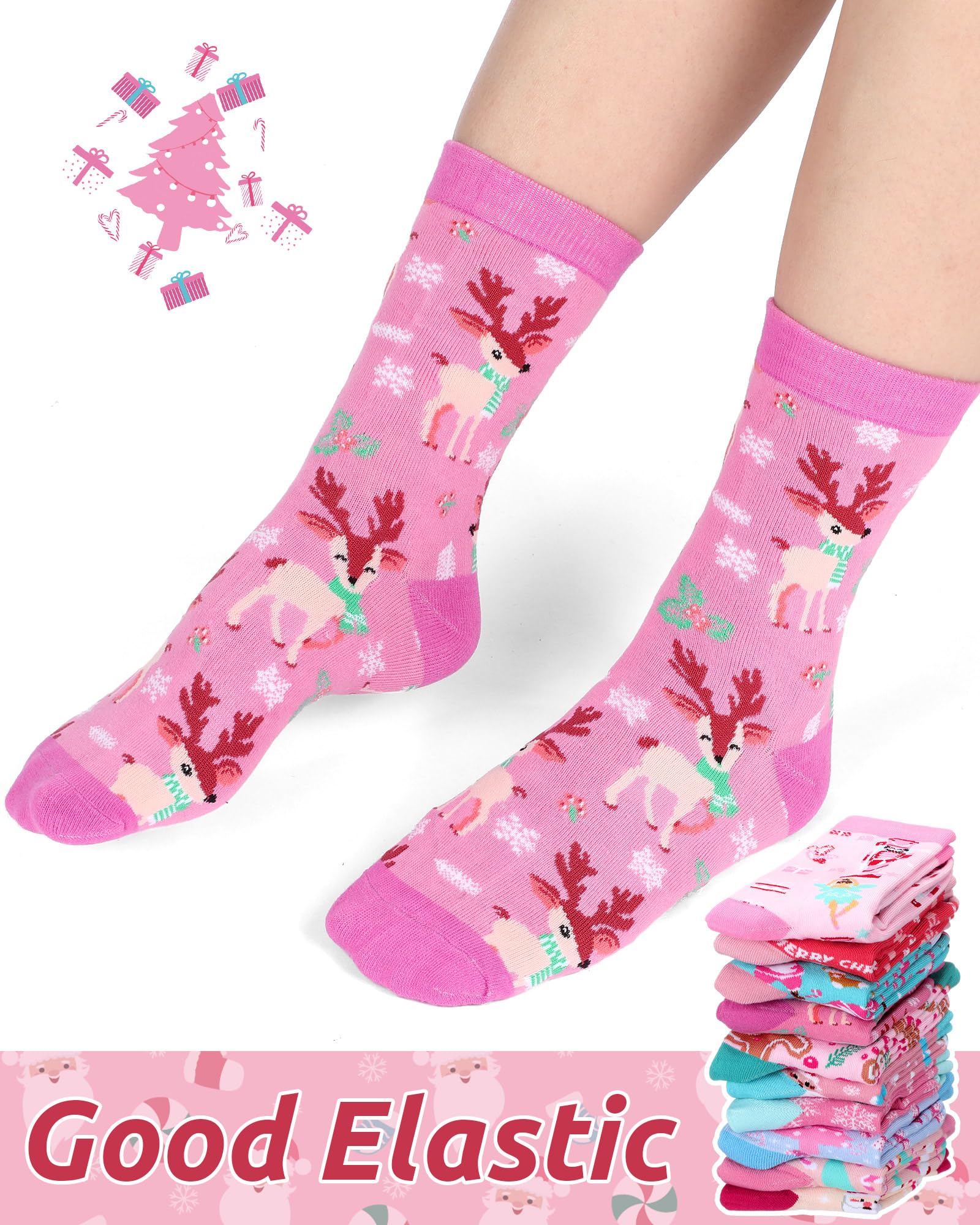 Croloose 10 Pairs Pink Christmas Socks for Women Bulk Fun Xmas Crew Socks Holiday Gift for Stocking Stuffer Party Favors (Multicolor Style) - Medaid International