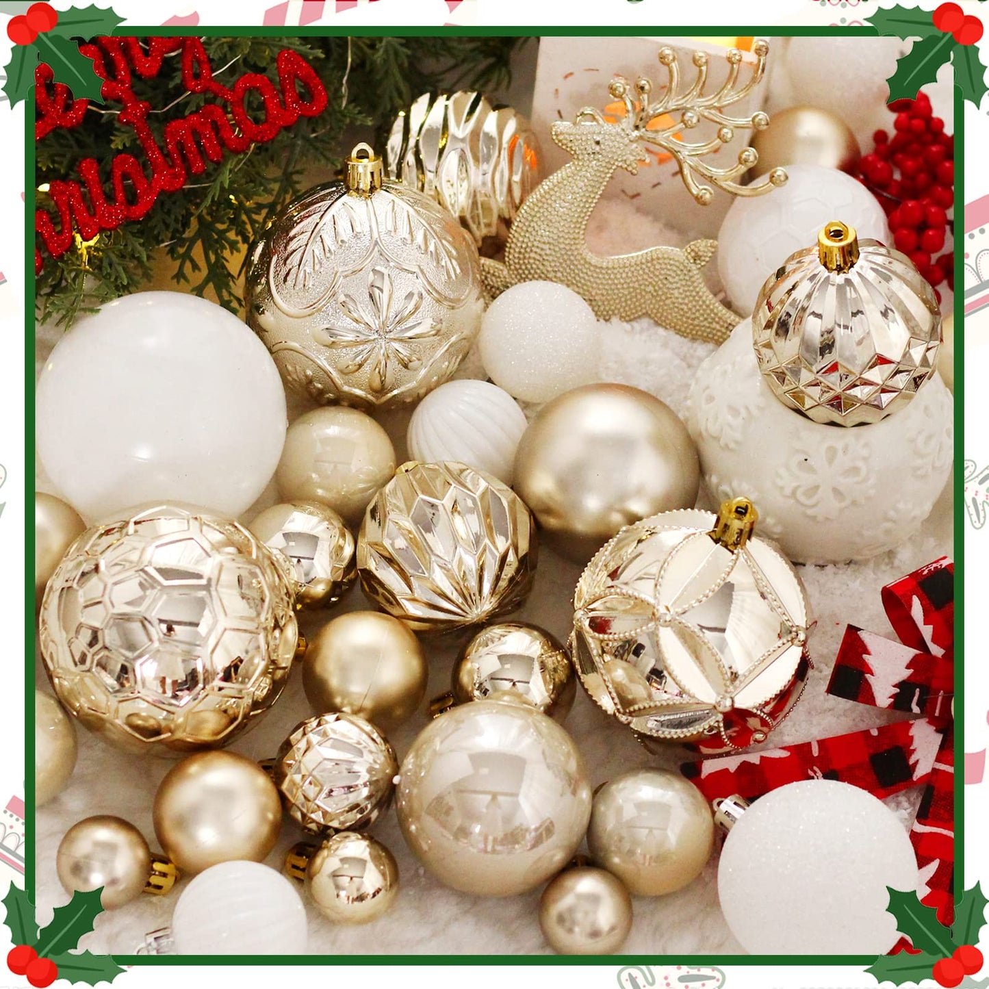 Christmas Tree Ornaments Set, 50 ct Champagne and White Xmas Ornaments Balls for Christmas Tree Decorations Shatterproof Xmas Hanging Ball for Halloween Party Home Decor (Hooks Included) - Medaid International