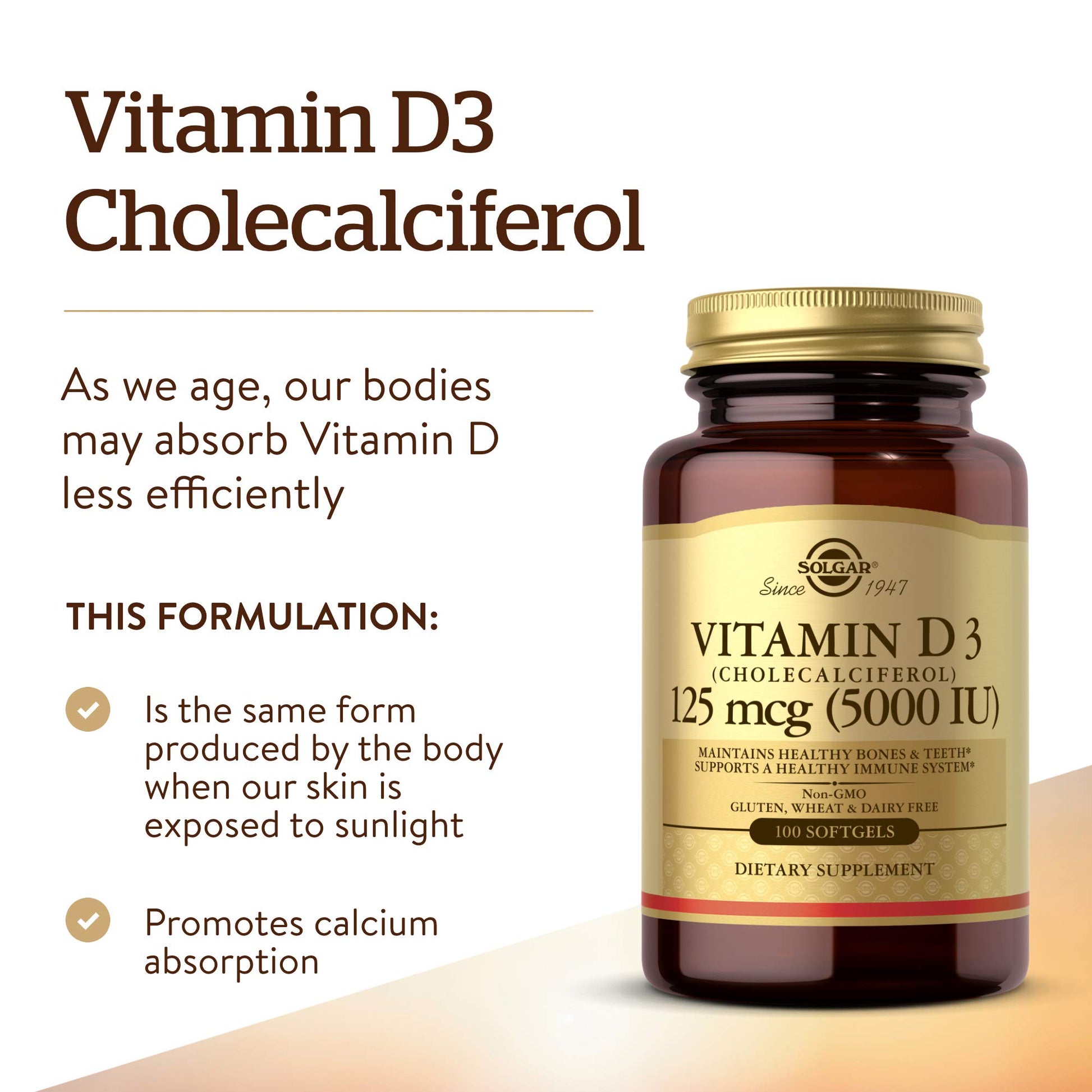 Solgar Vitamin D3 (Cholecalciferol) 125 mcg (5000 IU), 100 Softgels - Helps Maintain Healthy Bones & Teeth - Immune System Support - Non-GMO, Gluten Free, Dairy Free - 100 Servings - Medaid International