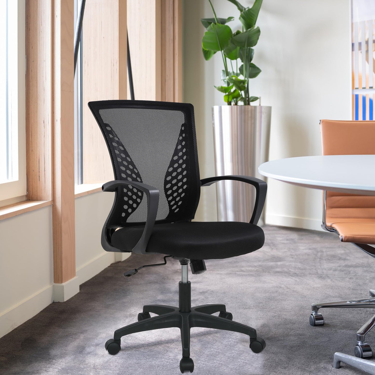 Home Office Chair Mid Back PC Swivel Lumbar Support Adjustable Desk Task Computer Ergonomic Comfortable Mesh Chair with Armrest (Black) - Medaid International